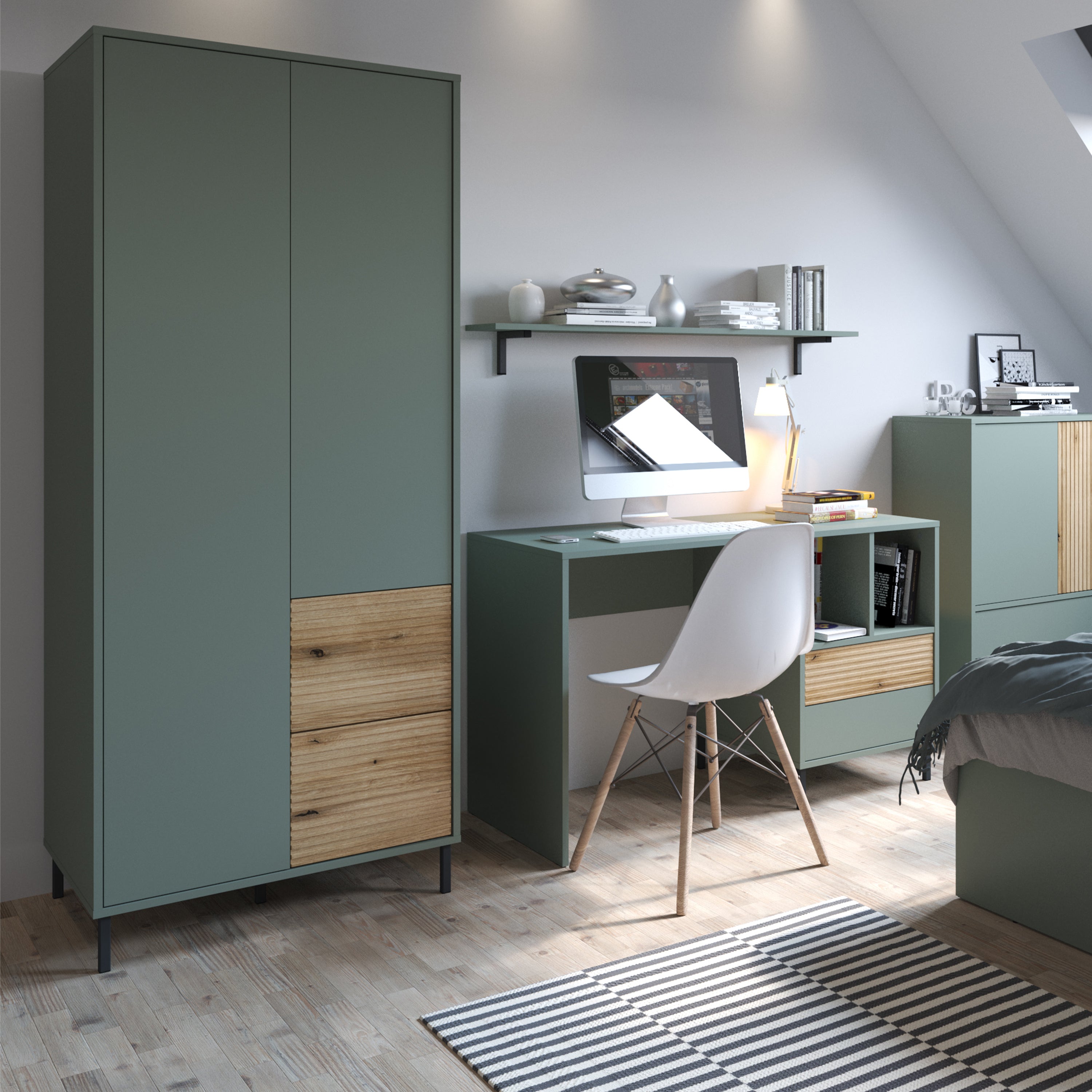 Darwin Wardrobe 2 Door 2 Drawer in Green/Oak – FTG, view 3