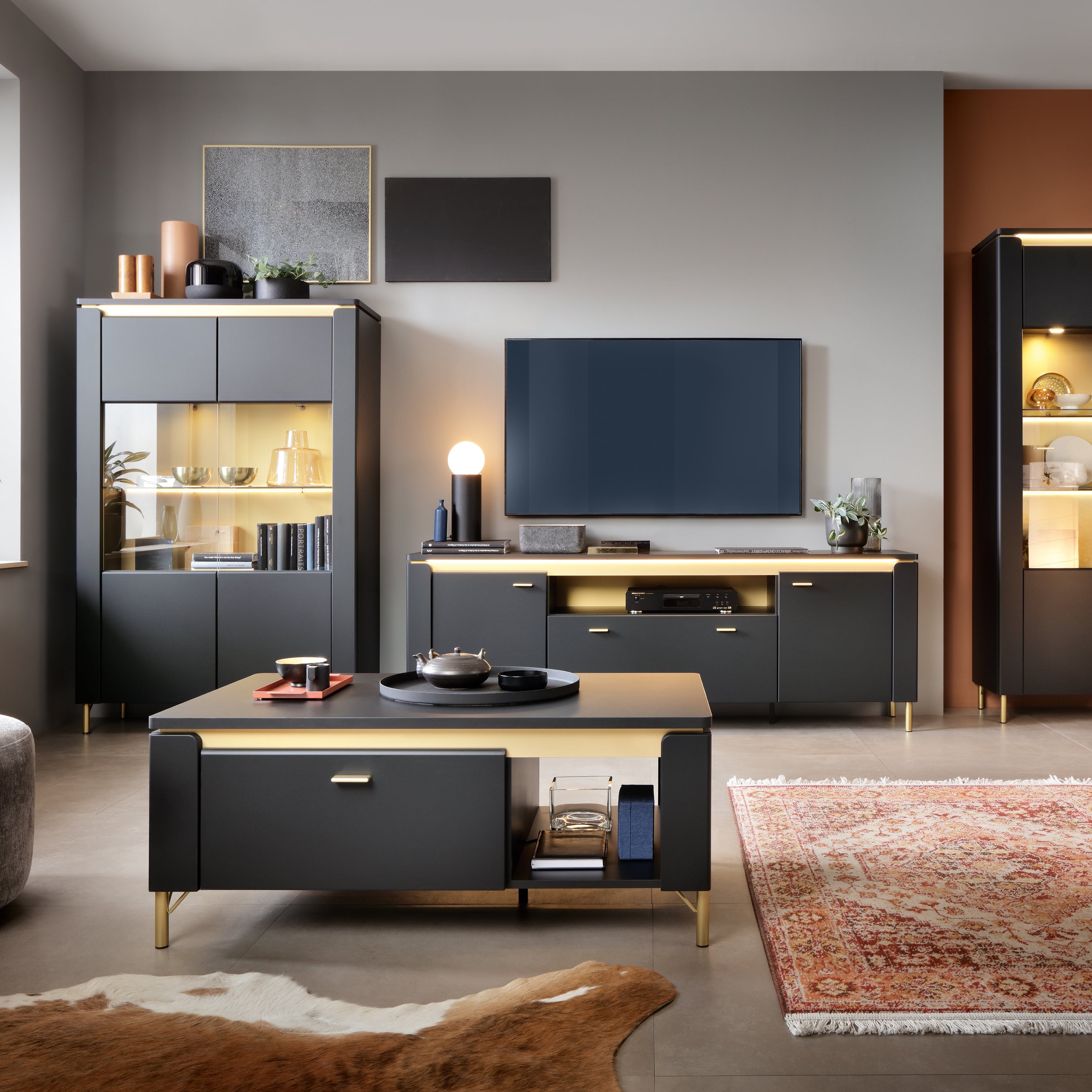 Genoa Vitrin 2 Door in Black Matt/Gold – FTG, view 3