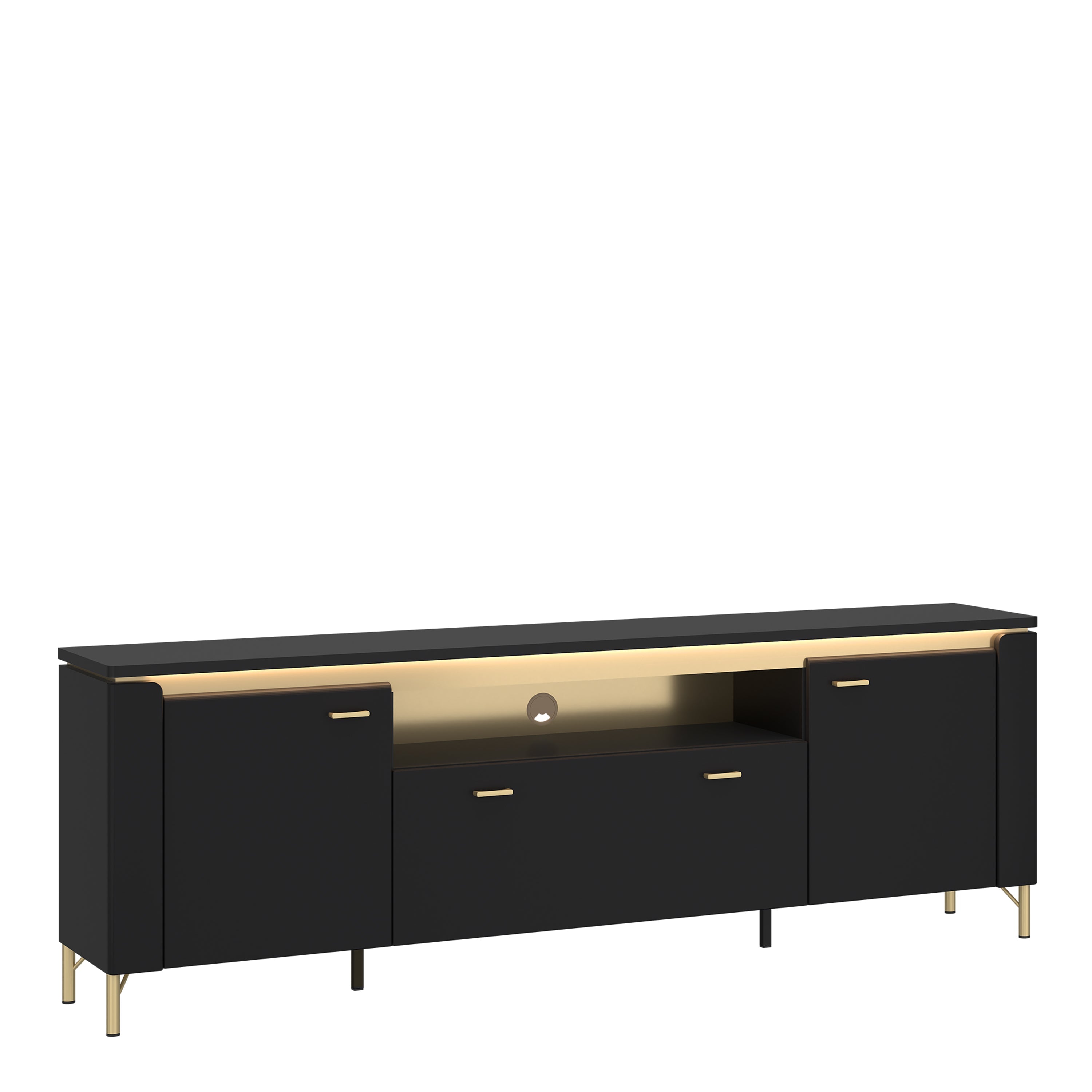 Genoa TV Cabinet 2 Door 1 Drawer 200cm Wide in Black Matt/Gold – FTG
