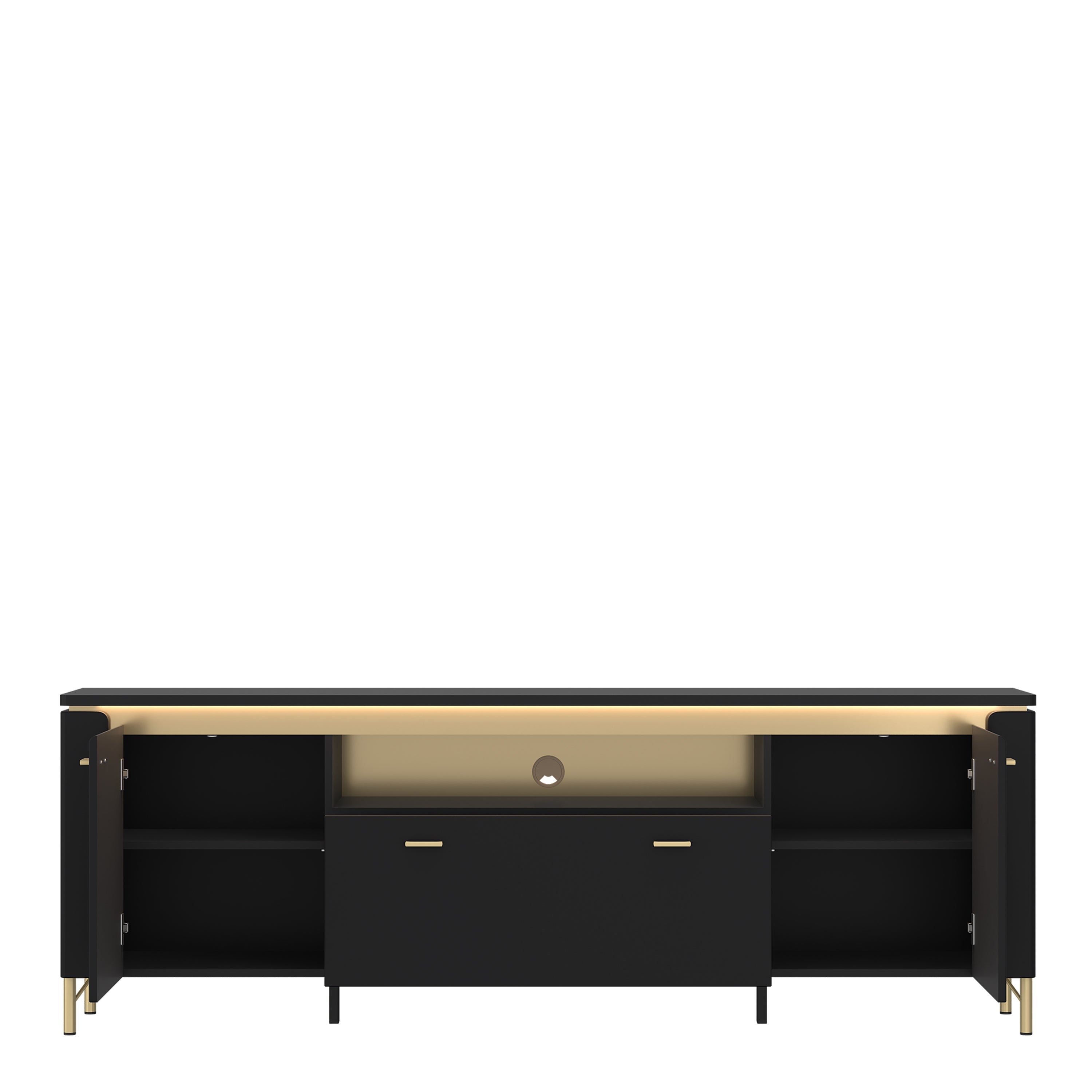 Genoa TV Cabinet 2 Door 1 Drawer 200cm Wide in Black Matt/Gold – FTG, view 2