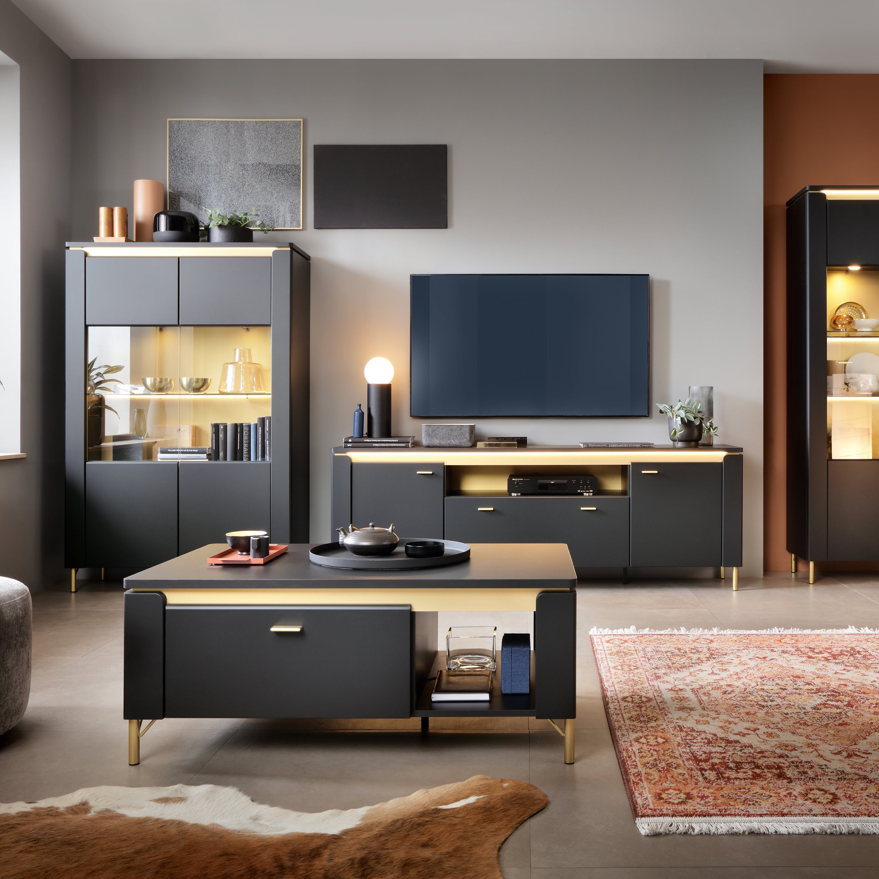Genoa TV Cabinet 2 Door 1 Drawer 200cm Wide in Black Matt/Gold – FTG, view 3