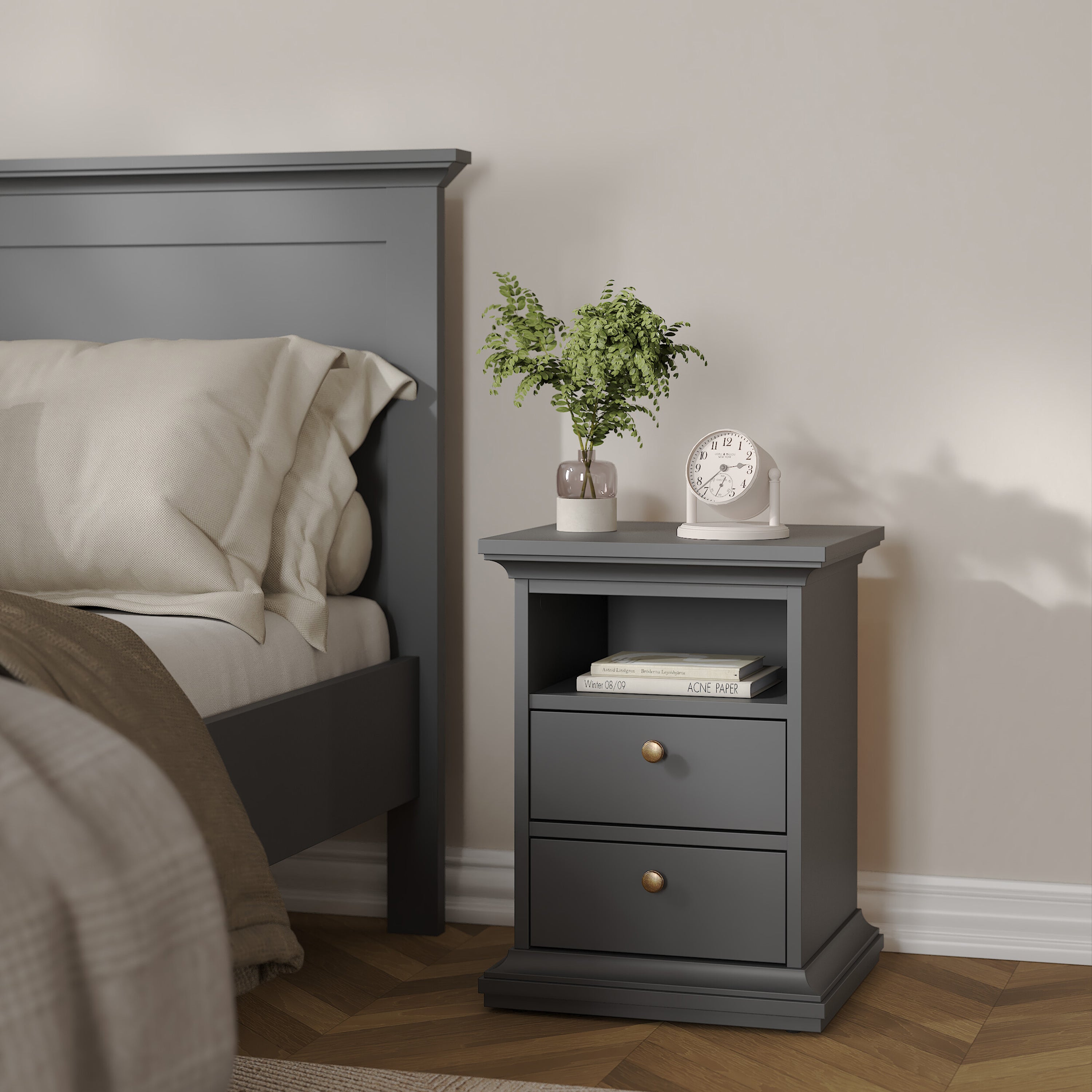 Paris Bedside 2 Drawers in Matt Grey – FTG, view 7