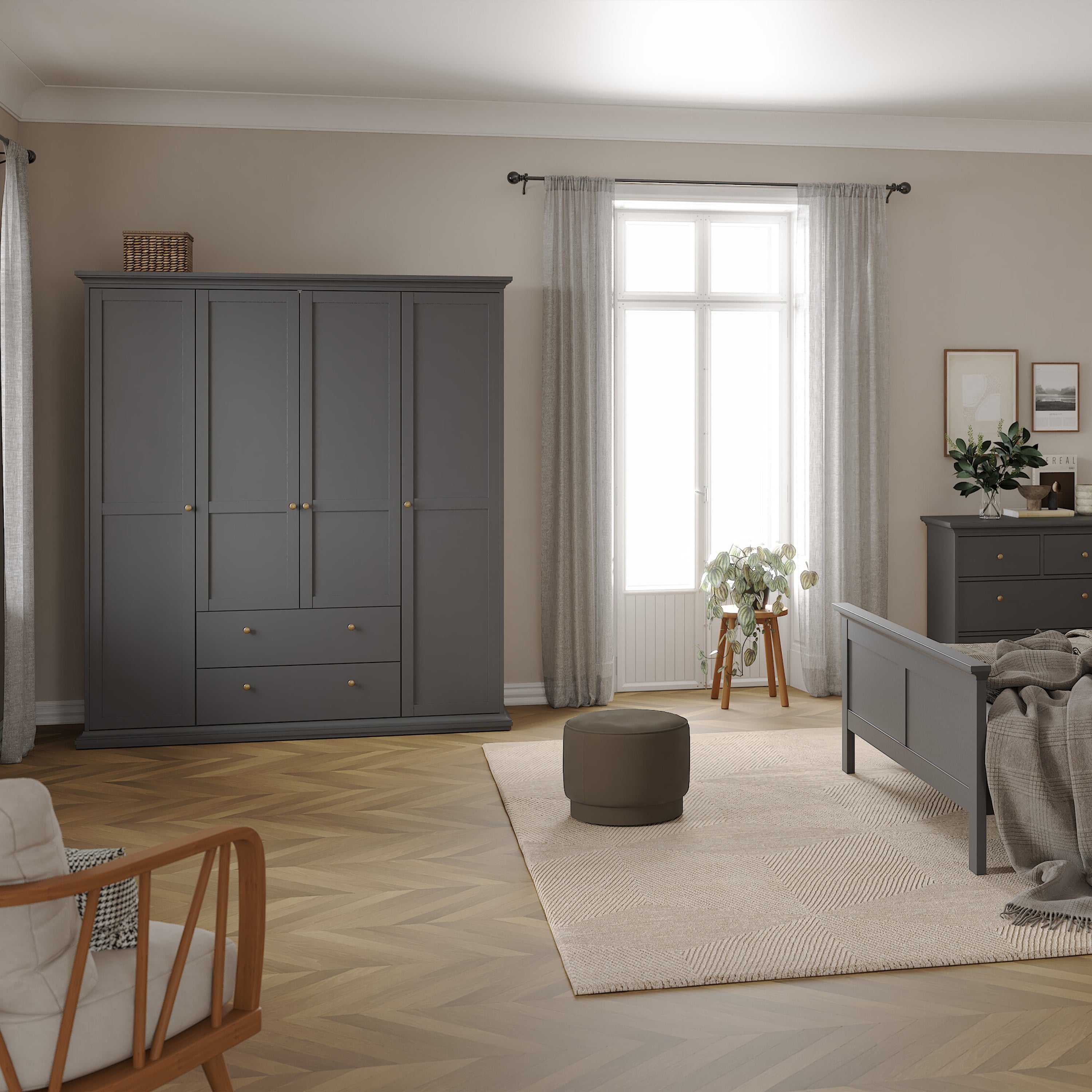 Paris Wardrobe with 4 Doors and 2 Drawers in Matt Grey – FTG, view 7