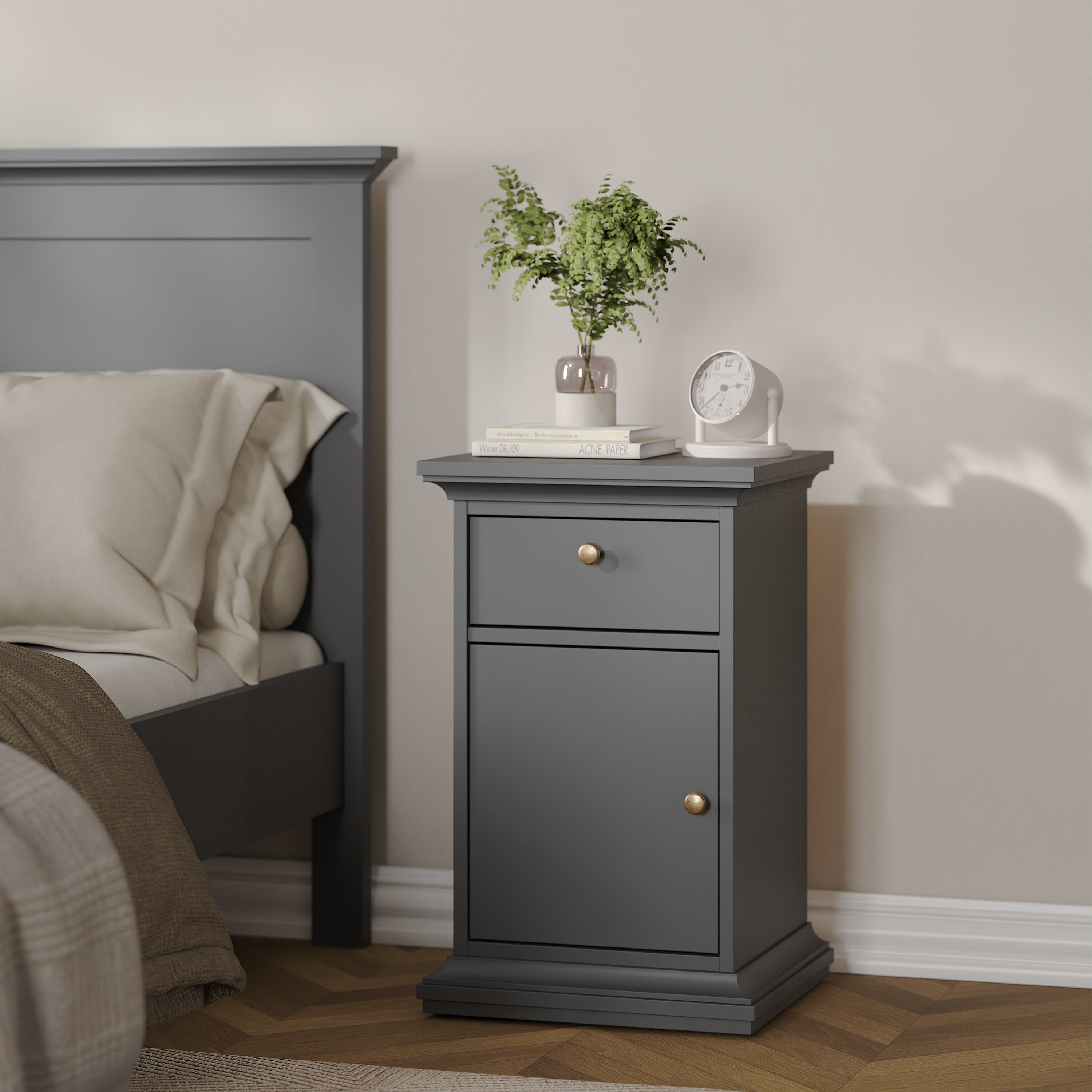 Paris Nightstand 1 Door + 1 Drawer in Matt Grey – FTG, view 9