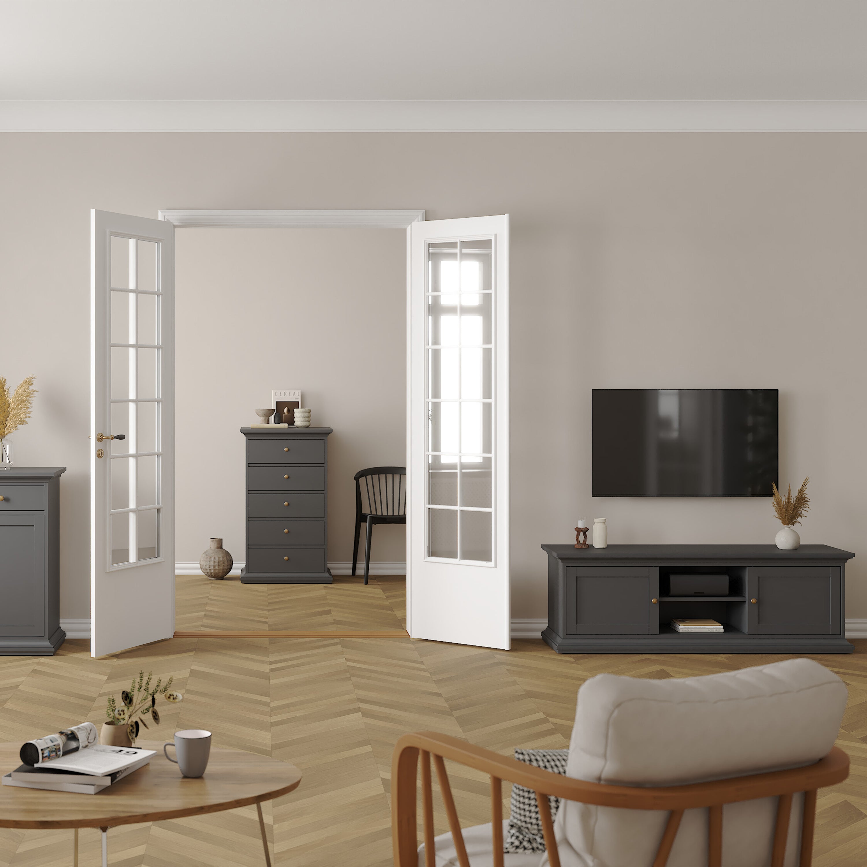 Paris TV-unit 2 frame Doors in Matt Grey – FTG, view 4
