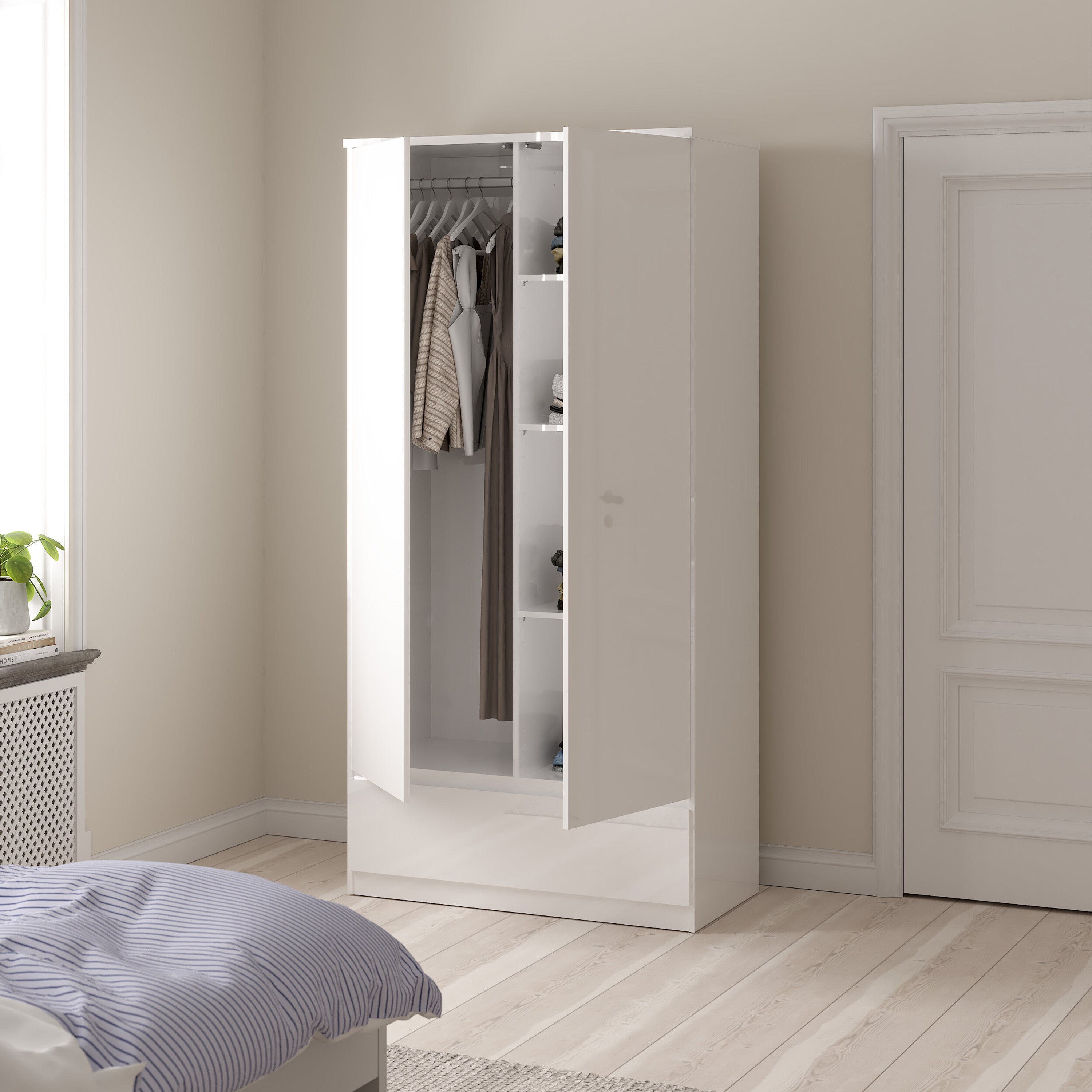 Naia Wardrobe with 2 Doors 1 Drawer in White High Gloss – FTG, view 2