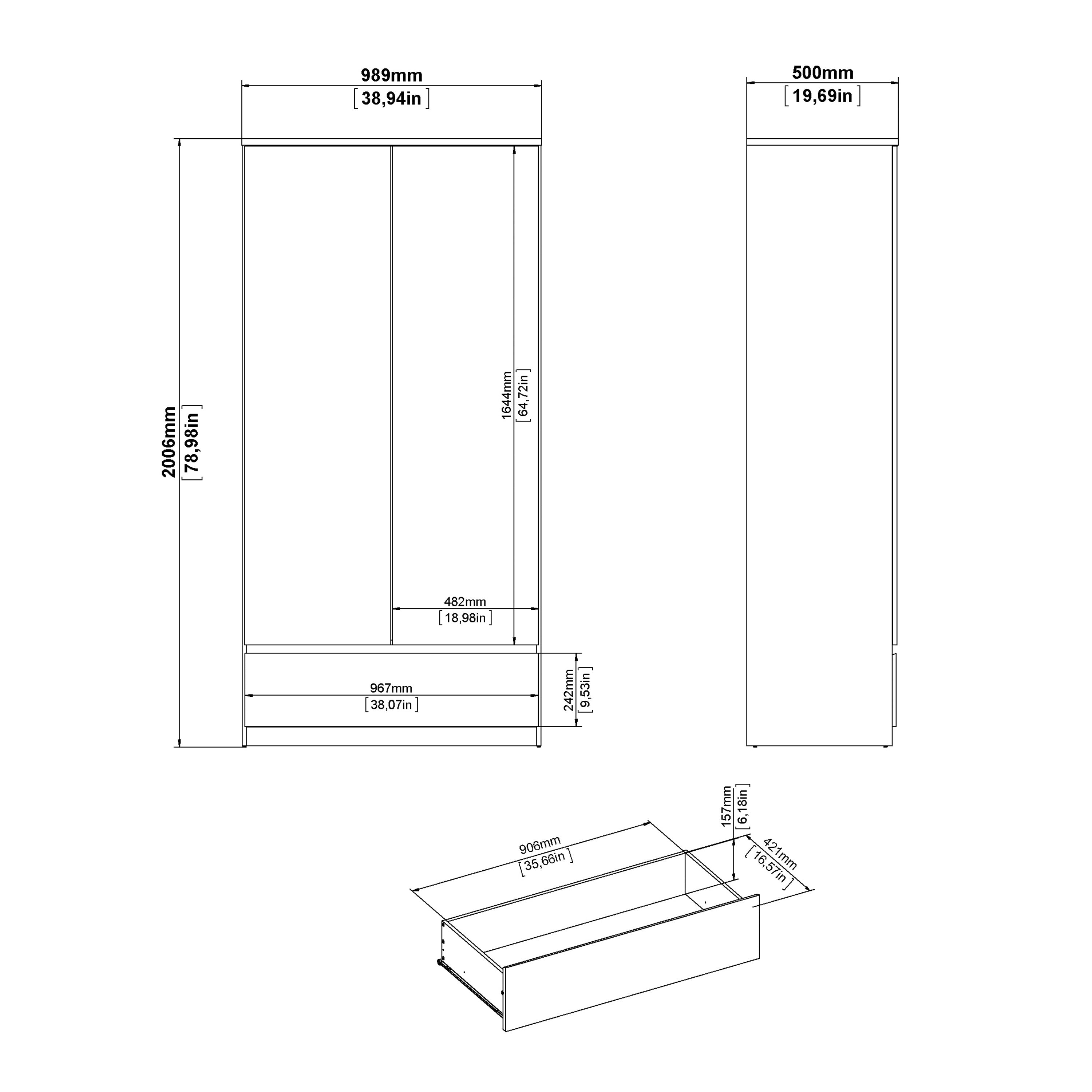 Naia Wardrobe with 2 Doors 1 Drawer in White High Gloss – FTG, view 5