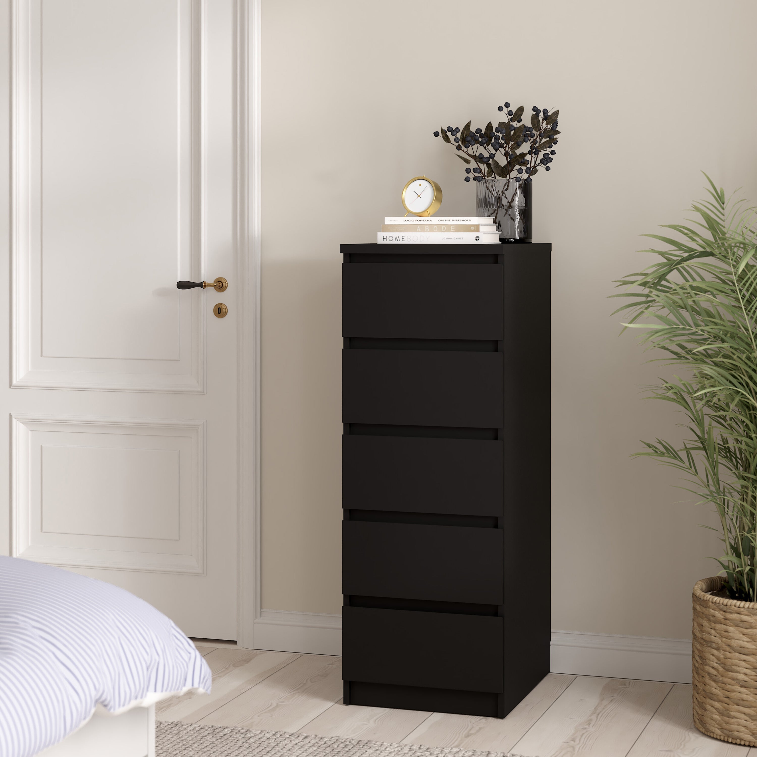 Naia Narrow Chest of 5 Drawers in Black Matt – FTG, view 5