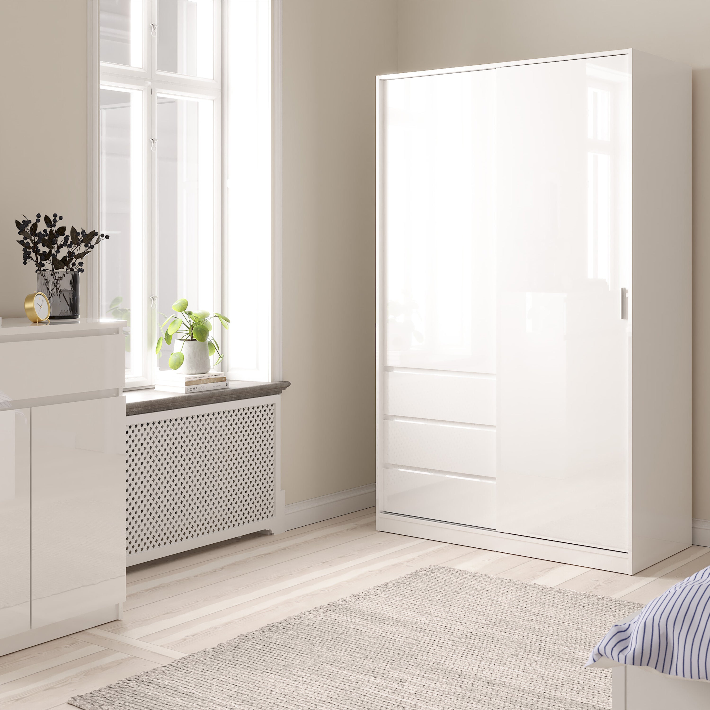 Naia Wardrobe with 1 Sliding Door and 1 Door + 3 Drawers in White – FTG