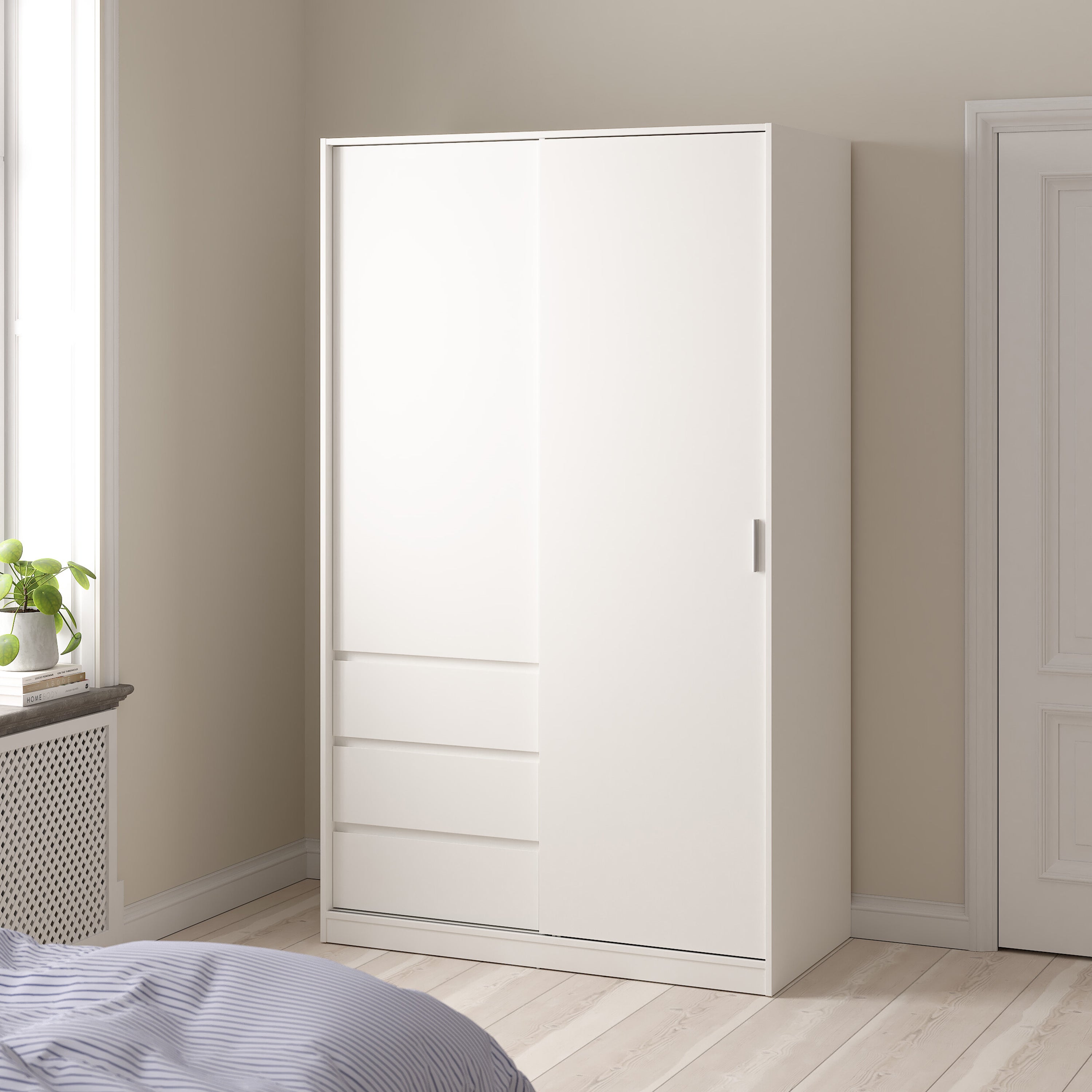 Naia Wardrobe with 1 Sliding Door and 1 Door + 3 Drawers in White – FTG, view 2