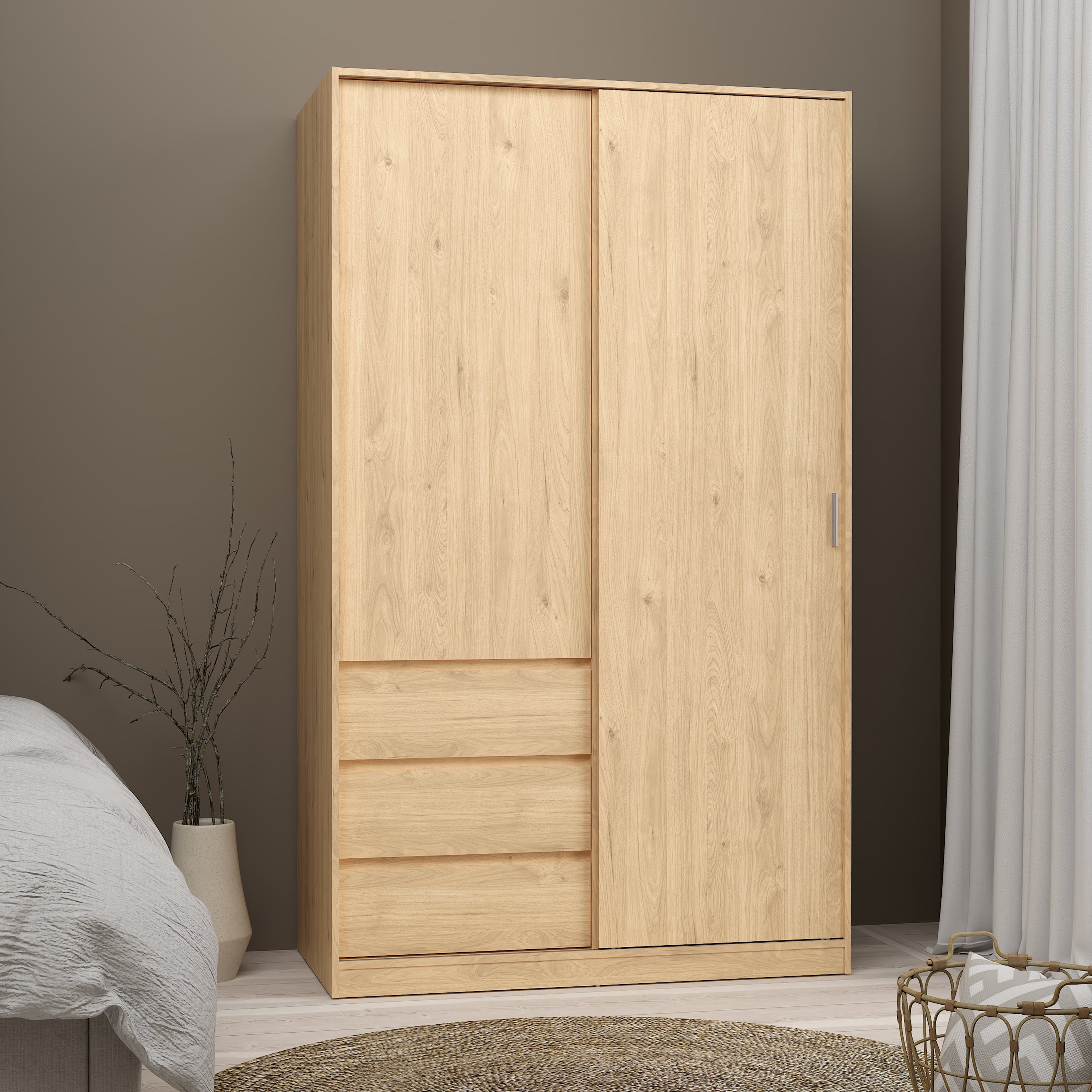 Naia Wardrobe with 1 Sliding Door 1 Door 3 Drawers in Jackson Hickory Oak – FTG, view 2