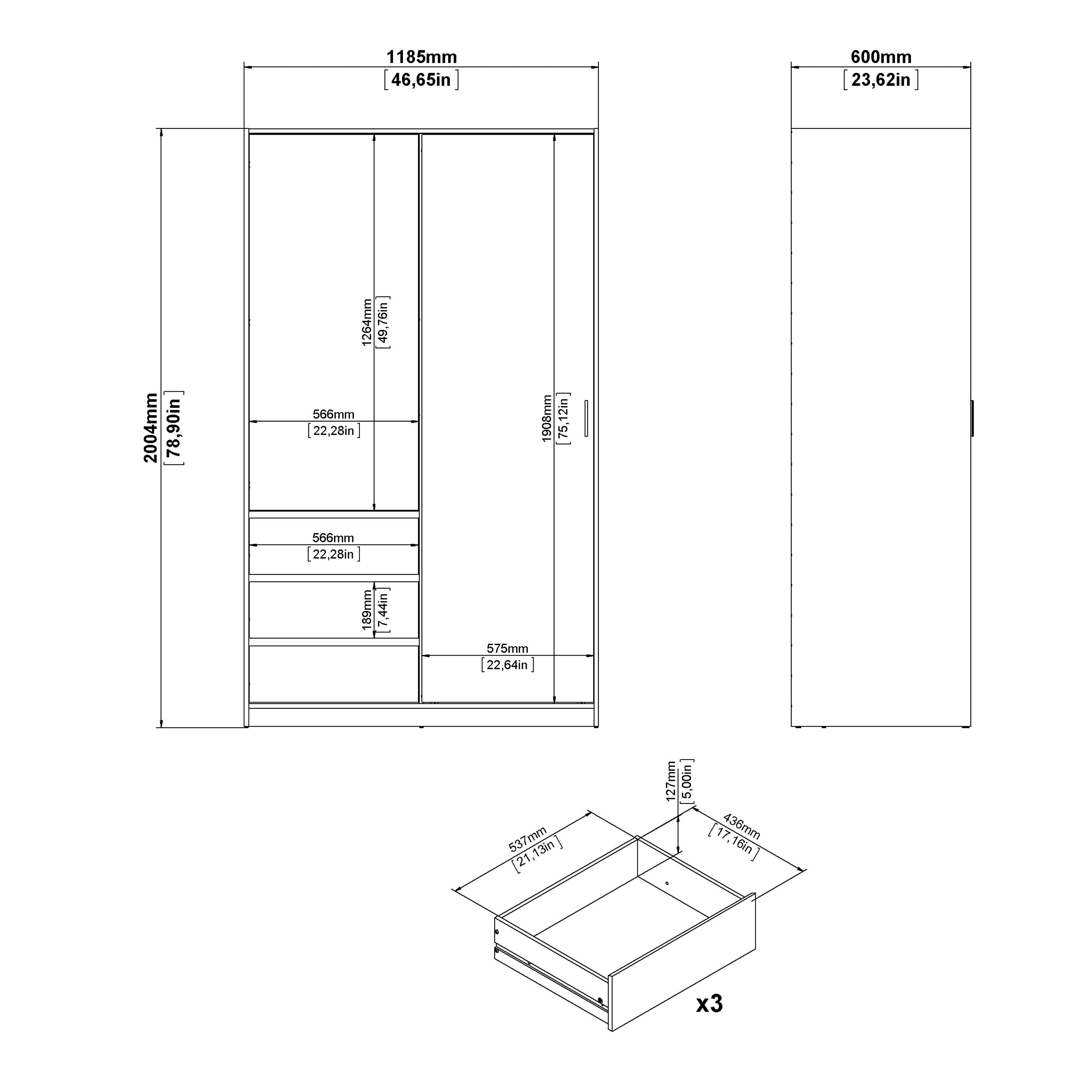 Naia Wardrobe with 1 Sliding Door 1 Door 3 Drawers in Jackson Hickory Oak – FTG, view 9