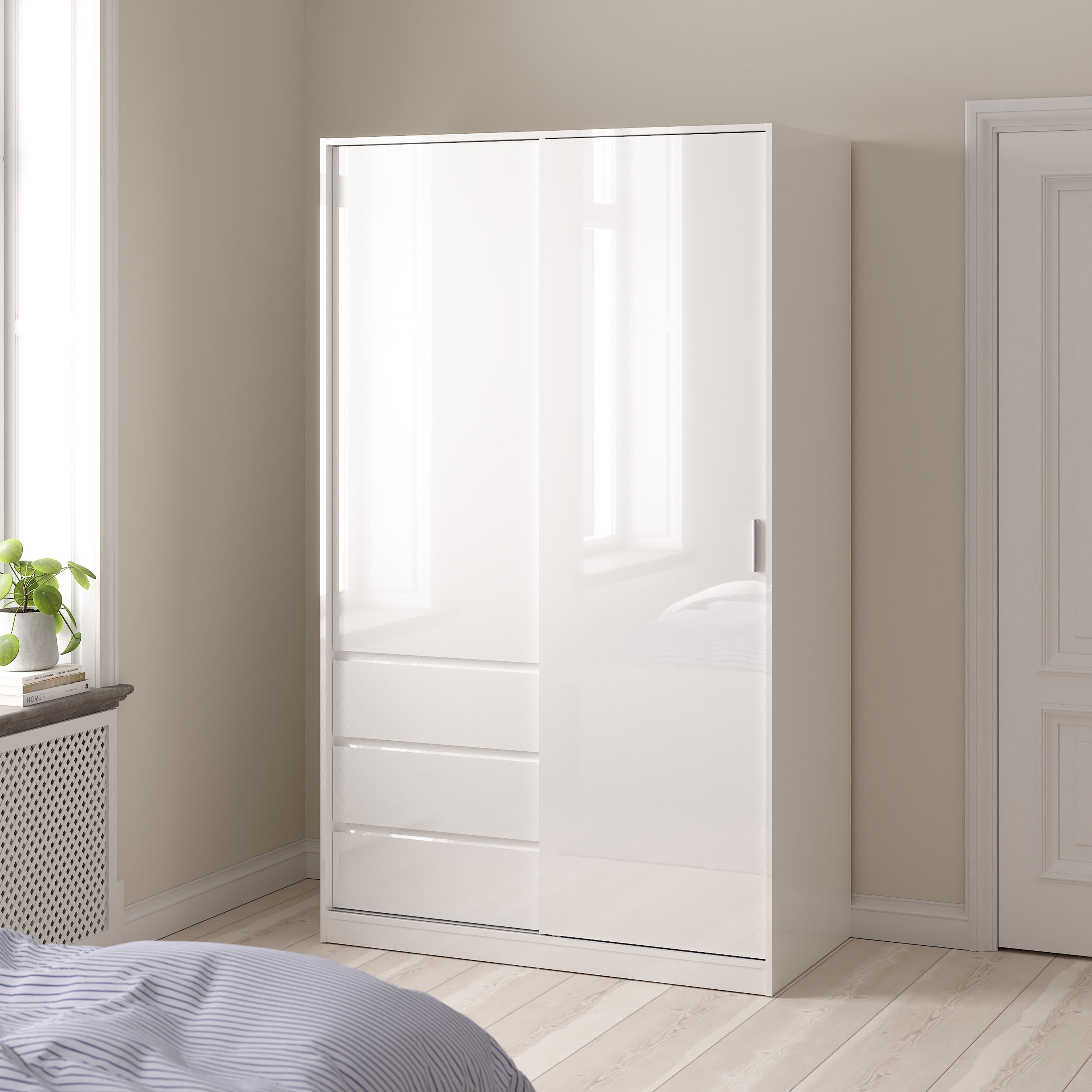 Naia Wardrobe with 1 Sliding Door 1 Door 3 Drawers in White High Gloss – FTG, view 2
