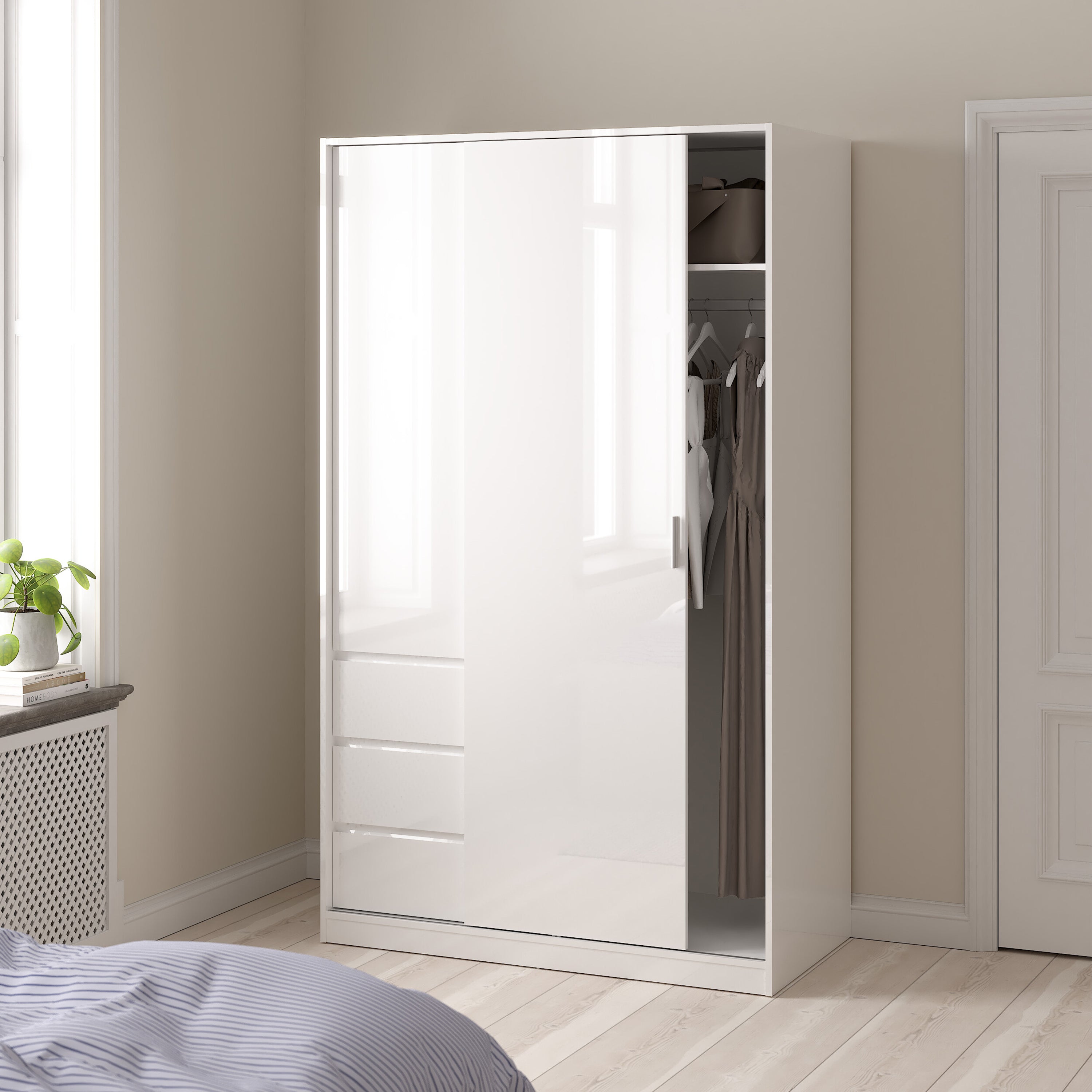 Naia Wardrobe with 1 Sliding Door 1 Door 3 Drawers in White High Gloss – FTG, view 7