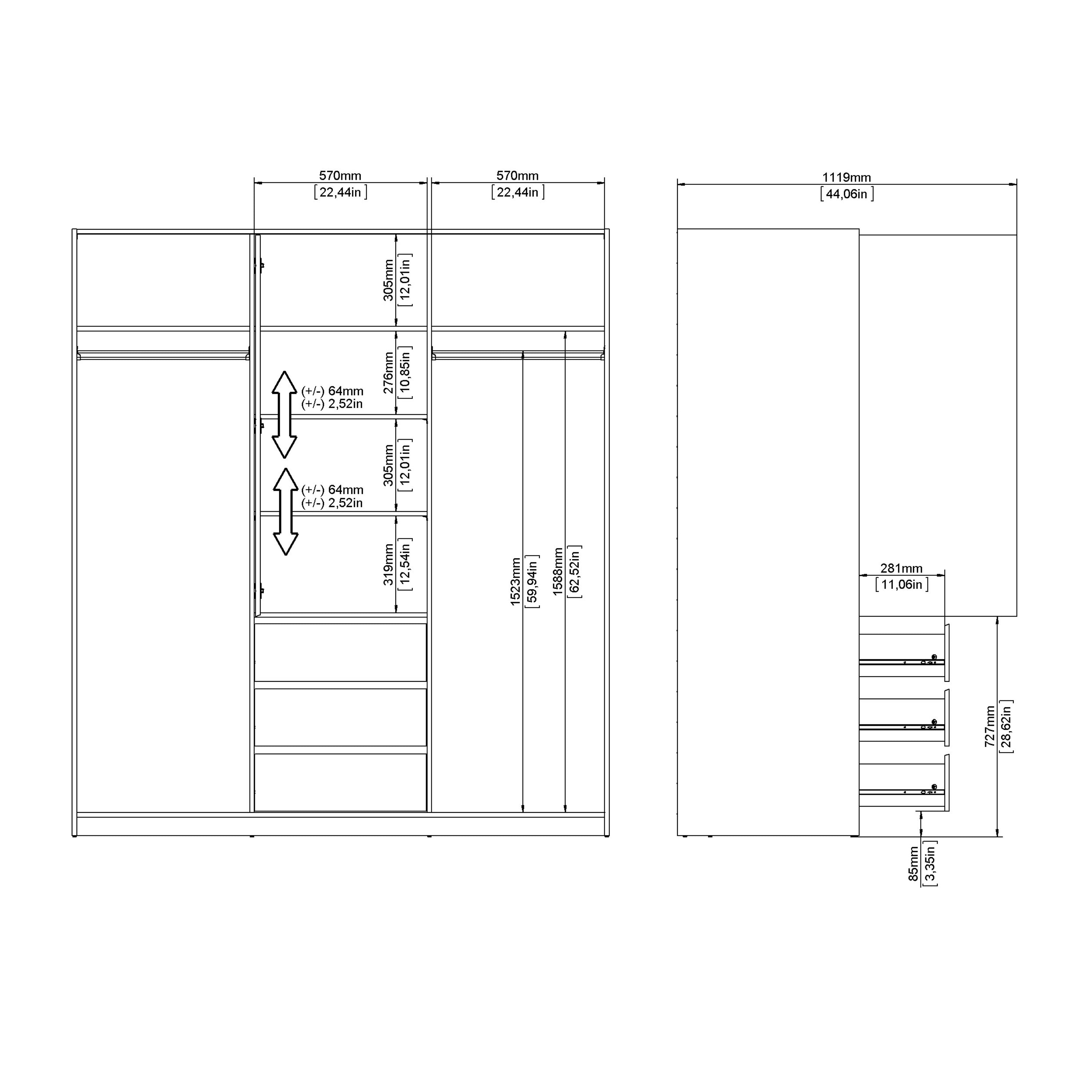 Naia Wardrobe with 2 Sliding Doors + 1 Door + 3 Drawers in White – FTG, view 10