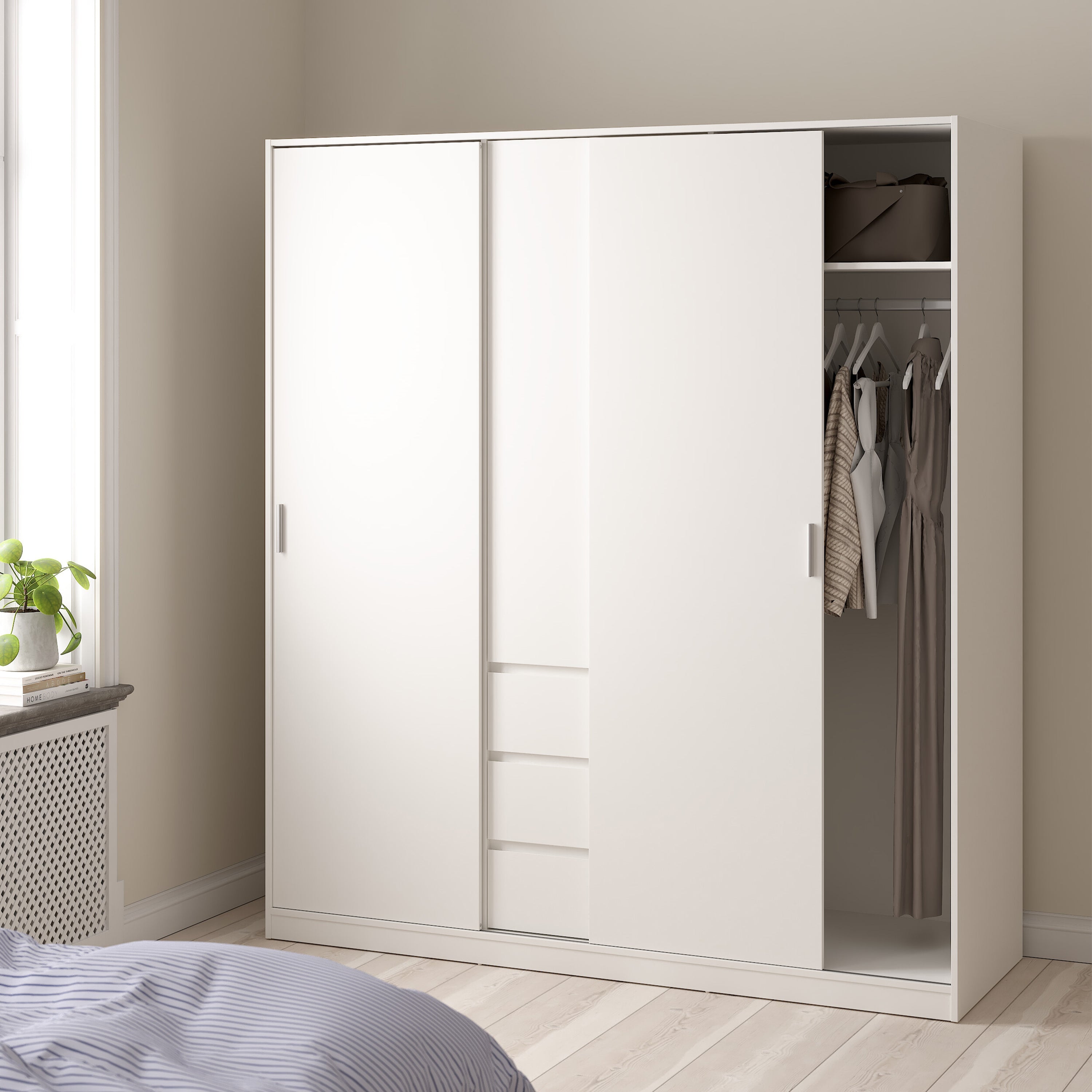 Naia Wardrobe with 2 Sliding Doors + 1 Door + 3 Drawers in White – FTG, view 6