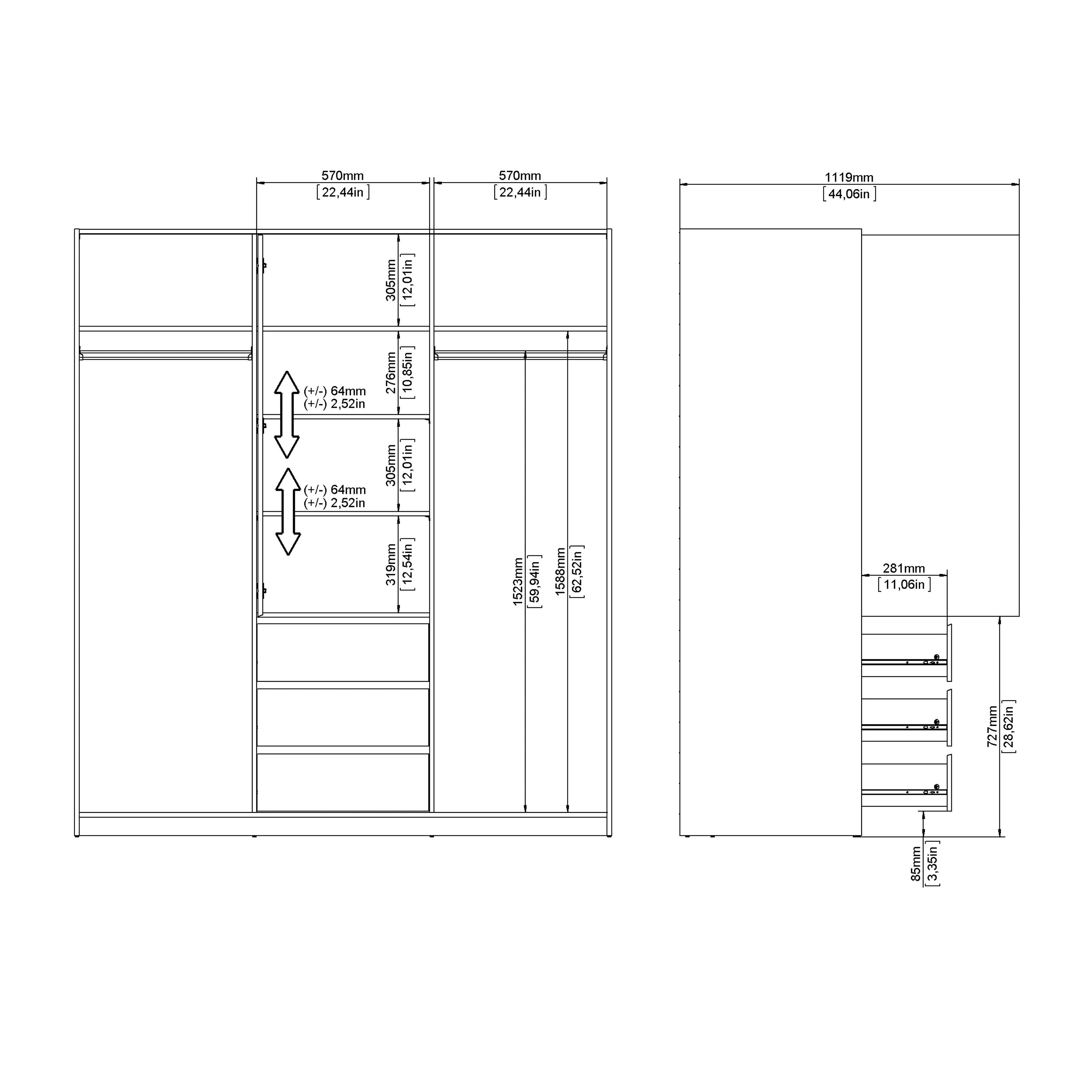 Naia Wardrobe with 2 Sliding Doors 1 Door 3 Drawers in Jackson Hickory Oak – FTG, view 11