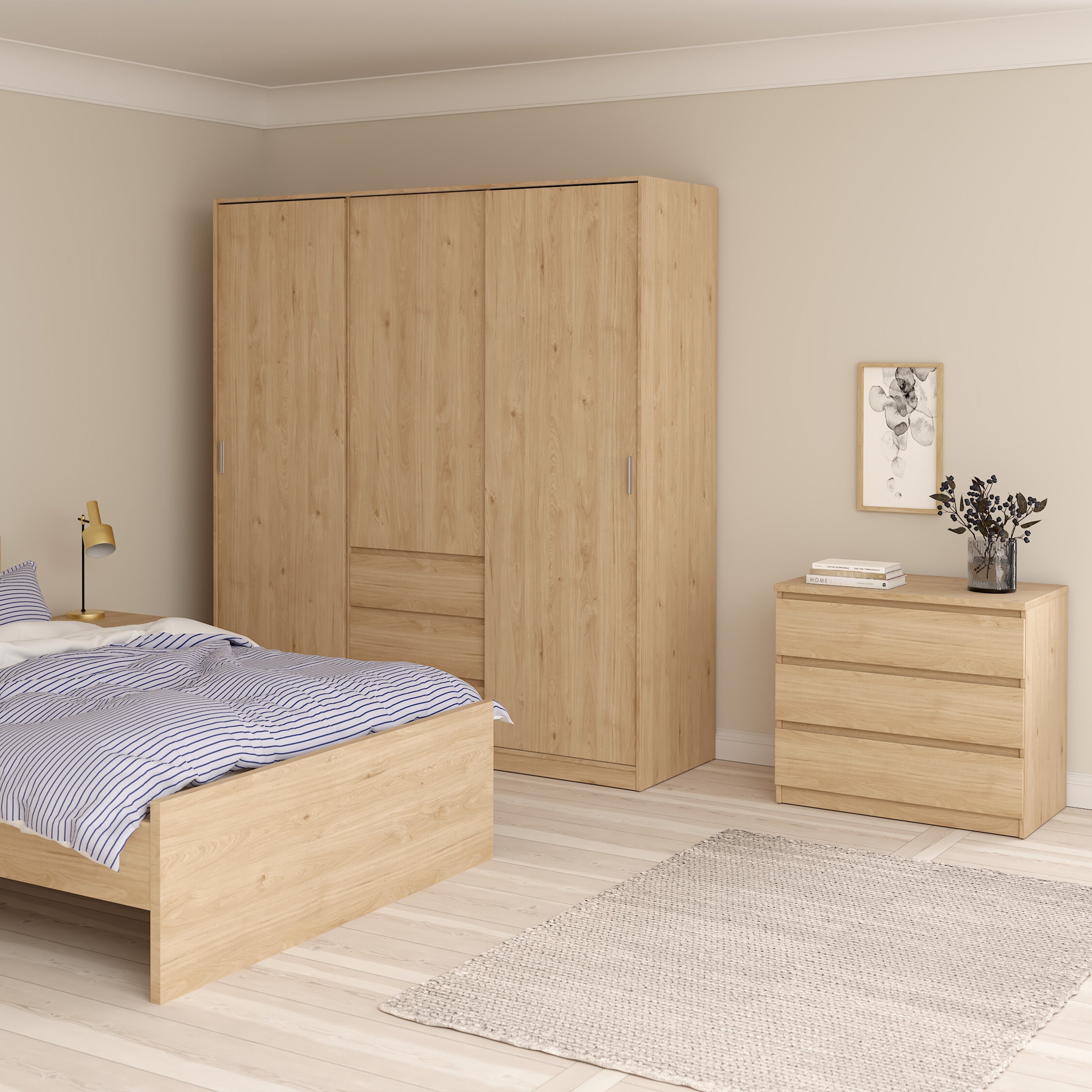 Naia Wardrobe with 2 Sliding Doors 1 Door 3 Drawers in Jackson Hickory Oak – FTG, view 5