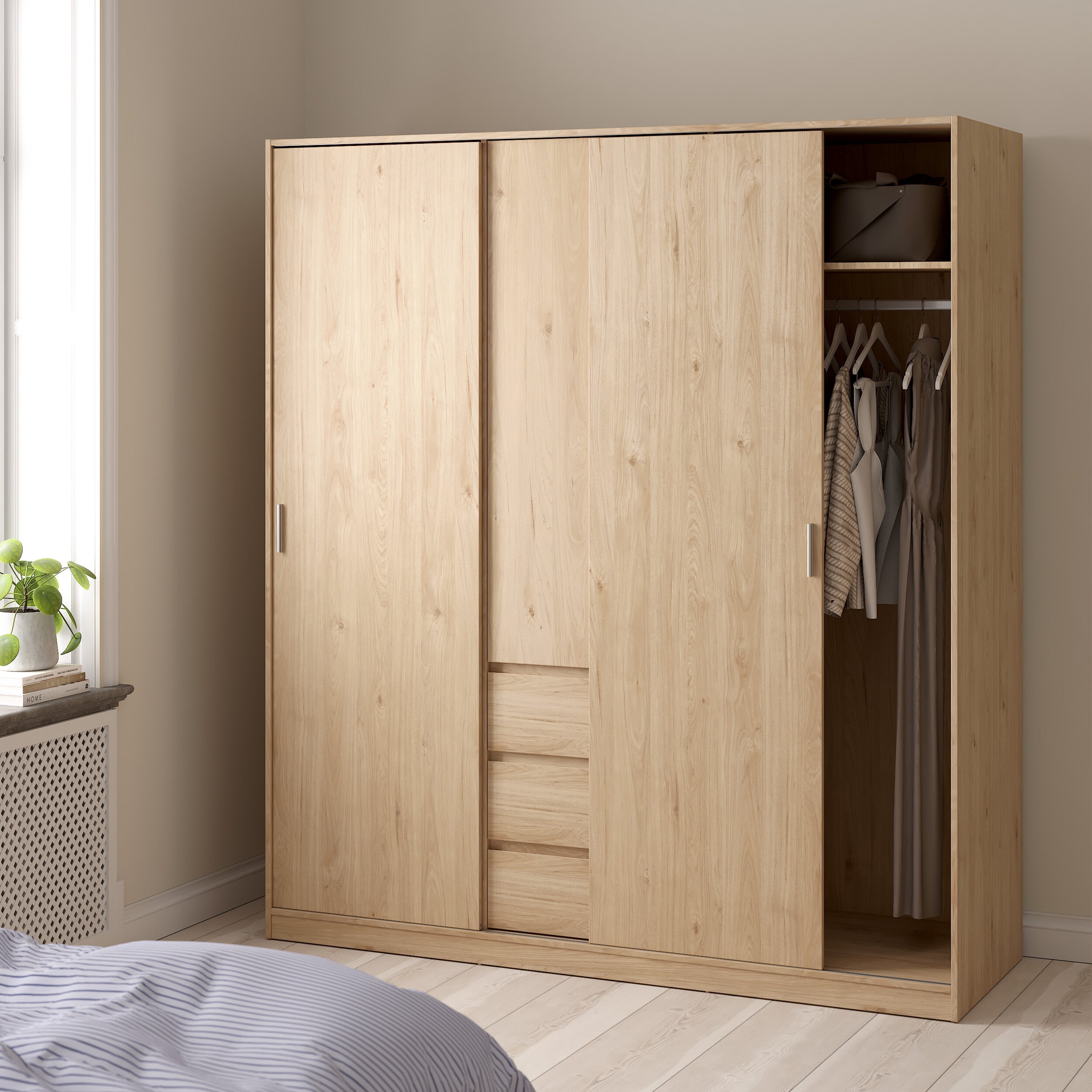 Naia Wardrobe with 2 Sliding Doors 1 Door 3 Drawers in Jackson Hickory Oak – FTG, view 7