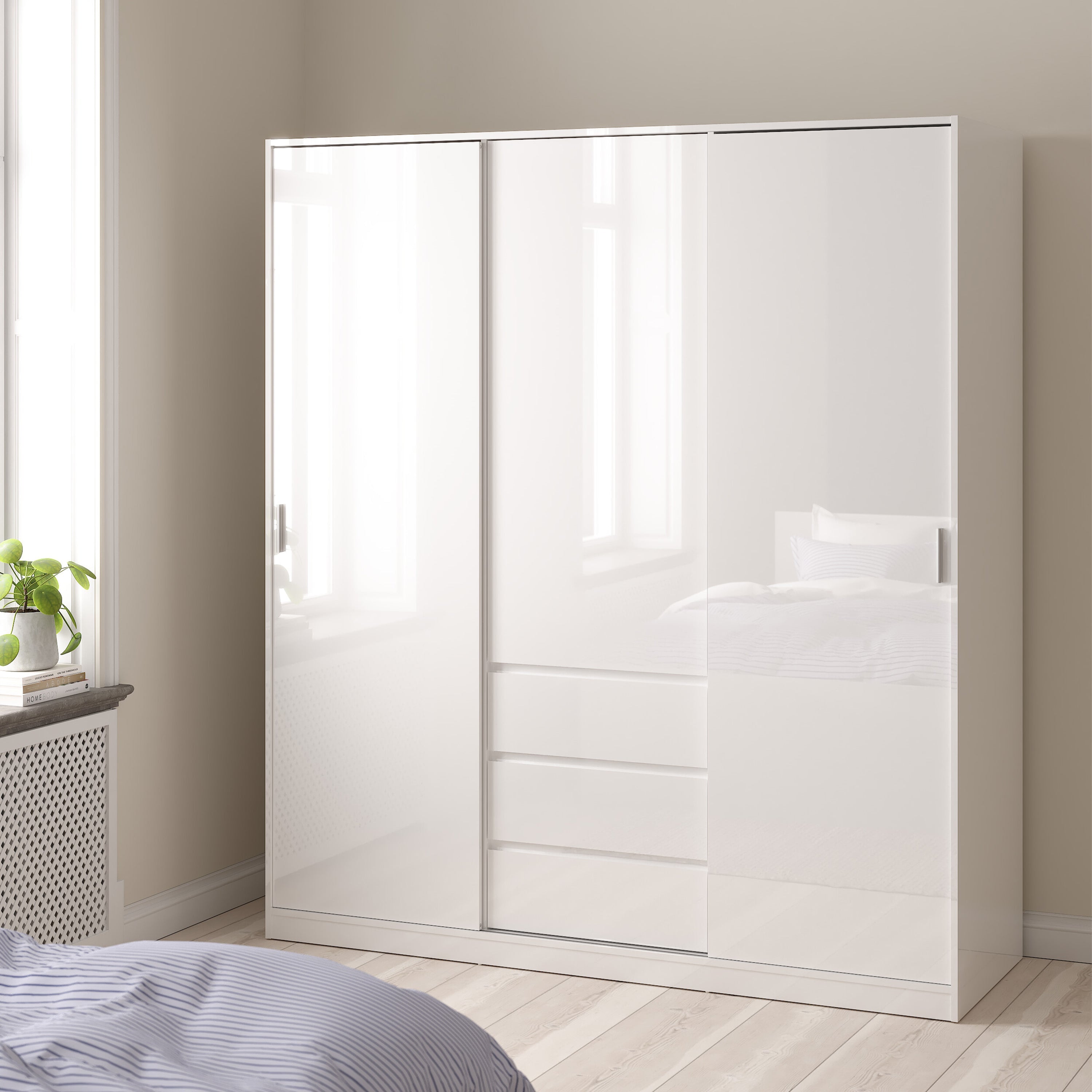 Naia Wardrobe with 2 Sliding Doors 1 Door 3 Drawers in White High Gloss – FTG, view 5