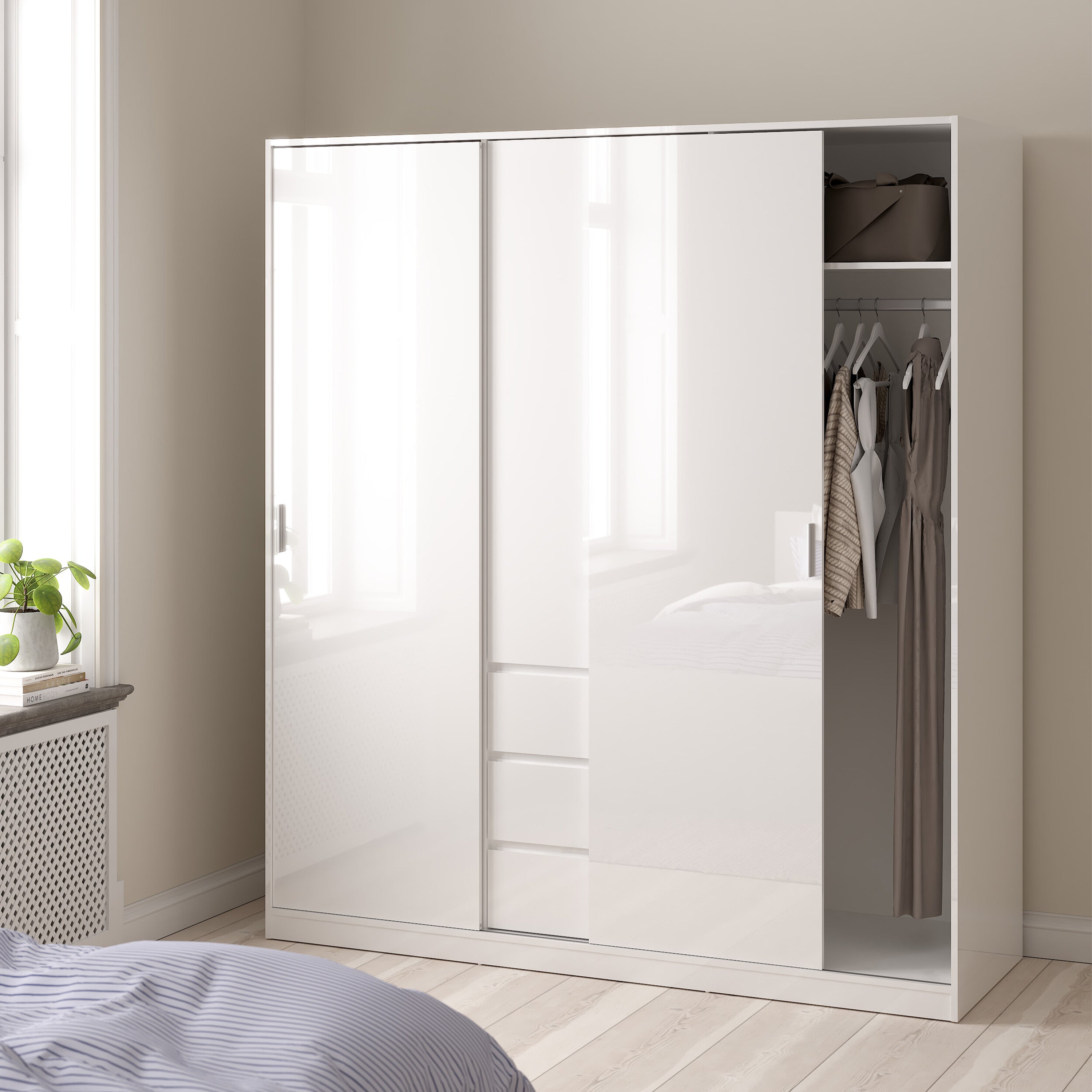 Naia Wardrobe with 2 Sliding Doors 1 Door 3 Drawers in White High Gloss – FTG, view 6