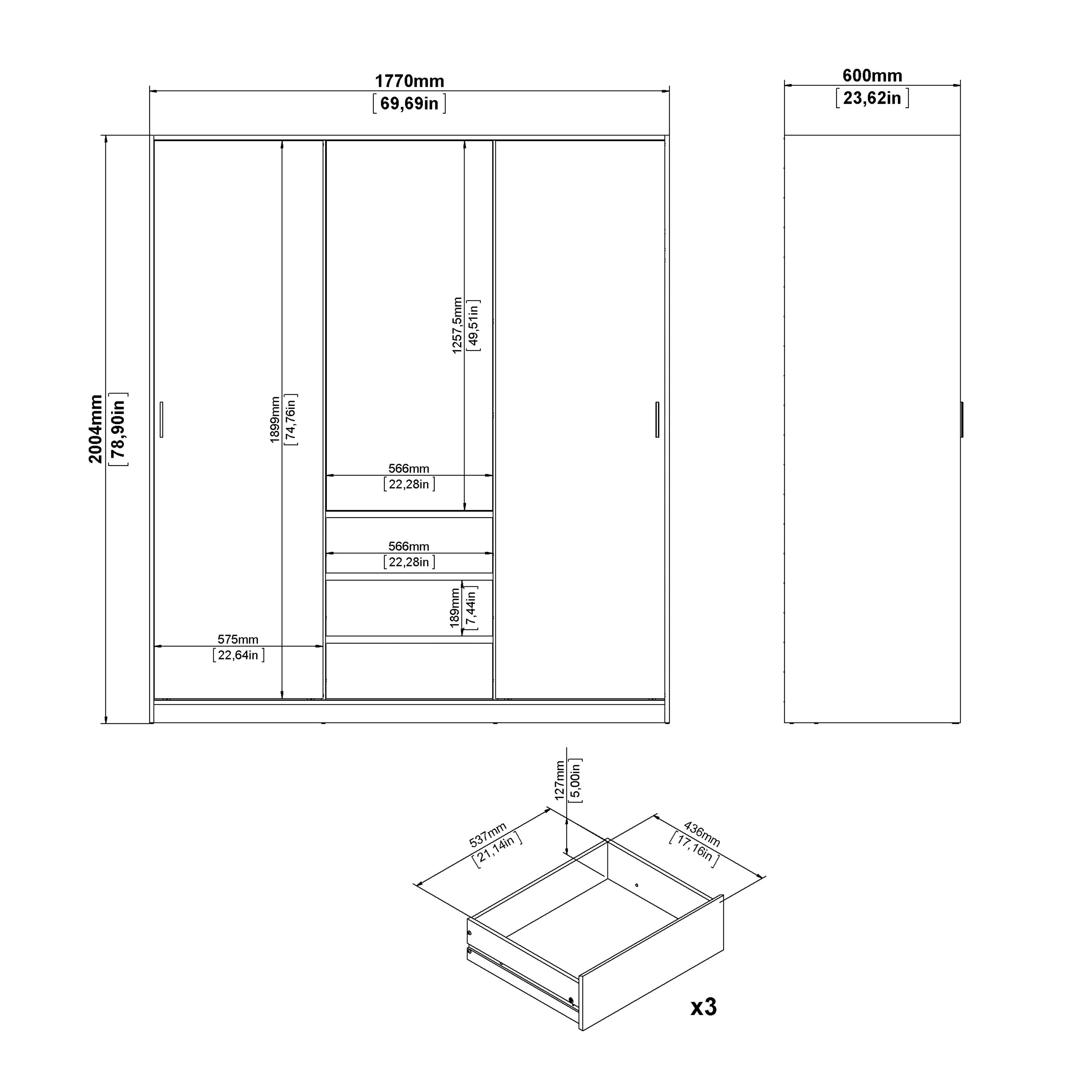 Naia Wardrobe with 2 Sliding Doors 1 Door 3 Drawers in White High Gloss – FTG, view 9