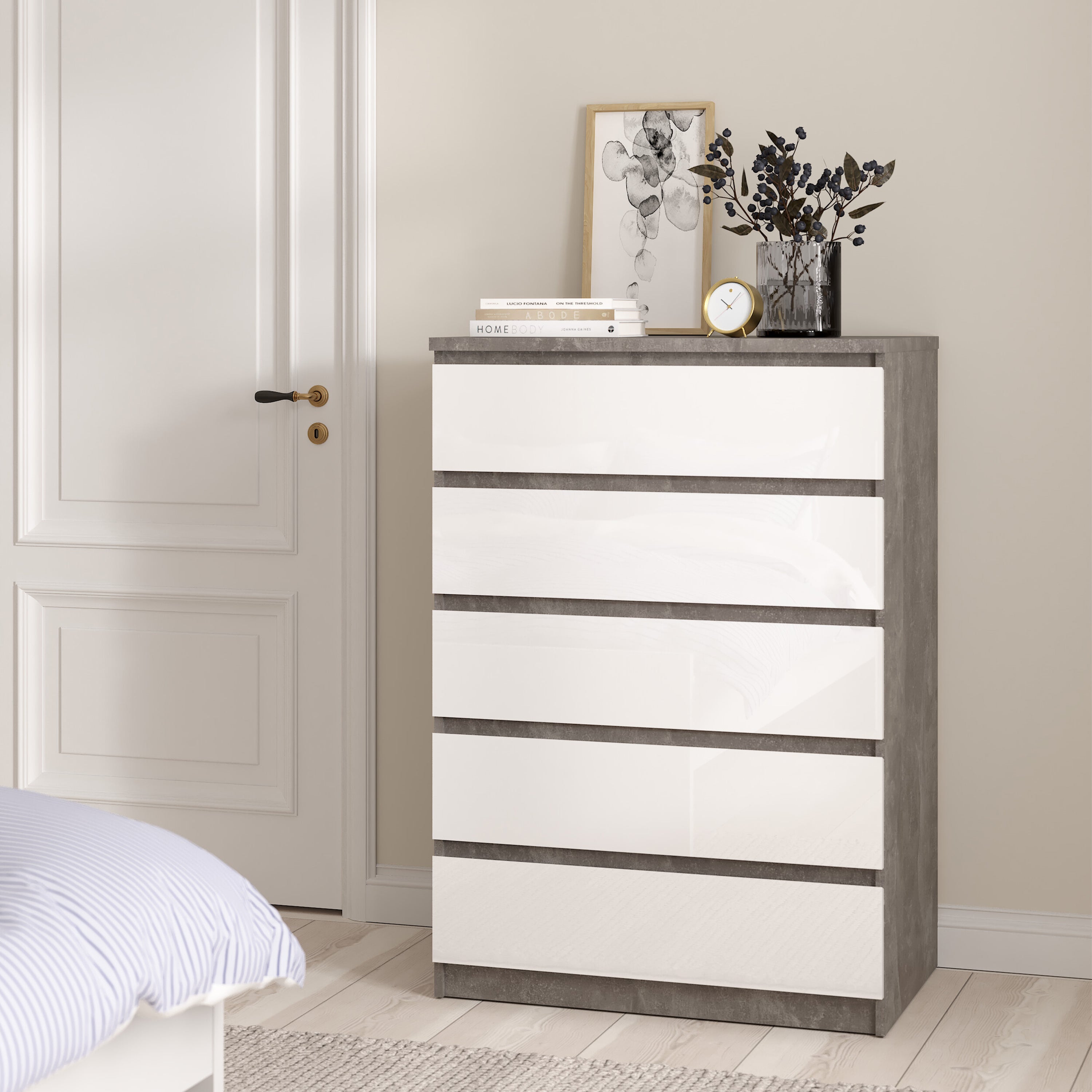 Naia Chest of 5 Drawers in Concrete and White High Gloss – FTG, view 5