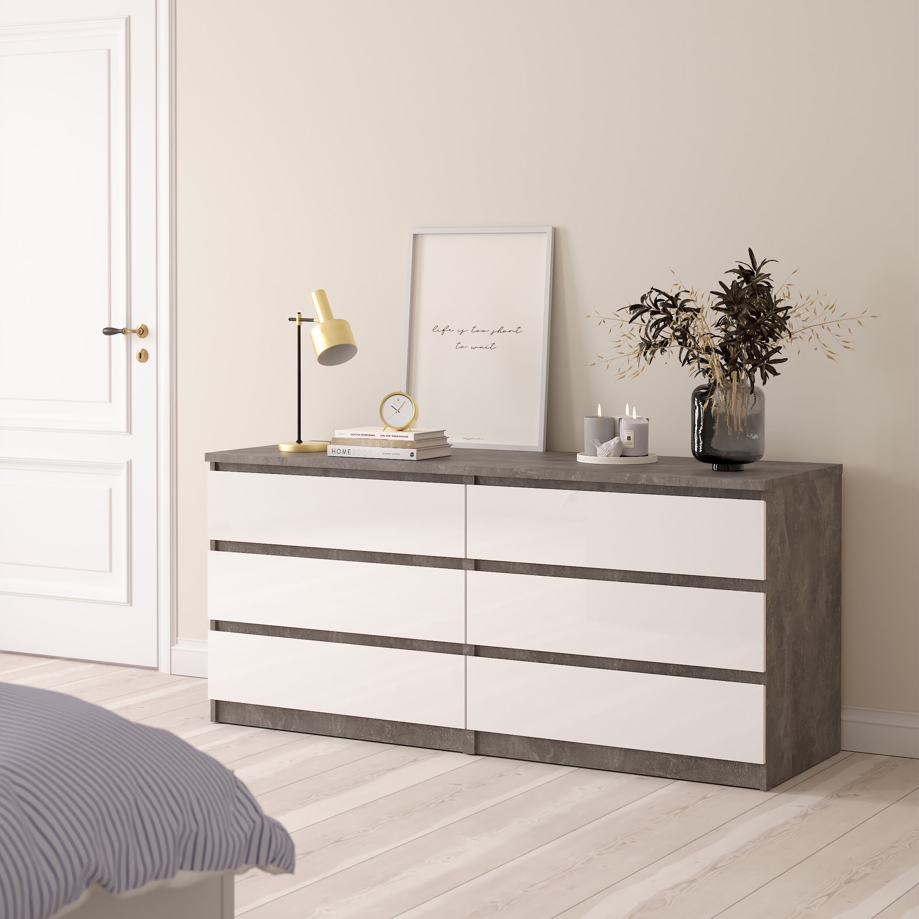 Naia Wide Chest of 6 Drawers (3+3) in Concrete and White High Gloss – FTG, view 5