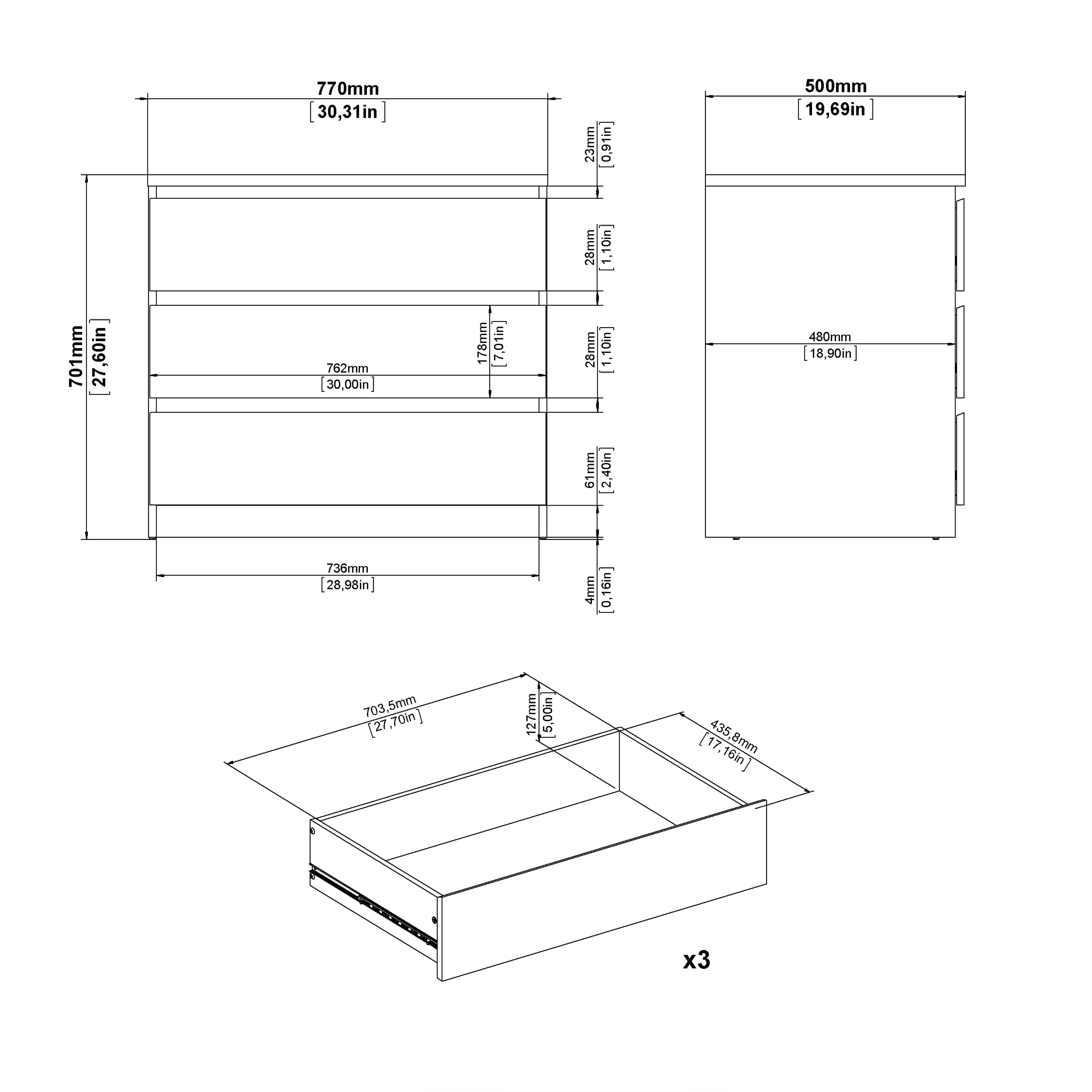 Naia Chest of 3 Drawers in White – FTG, view 8