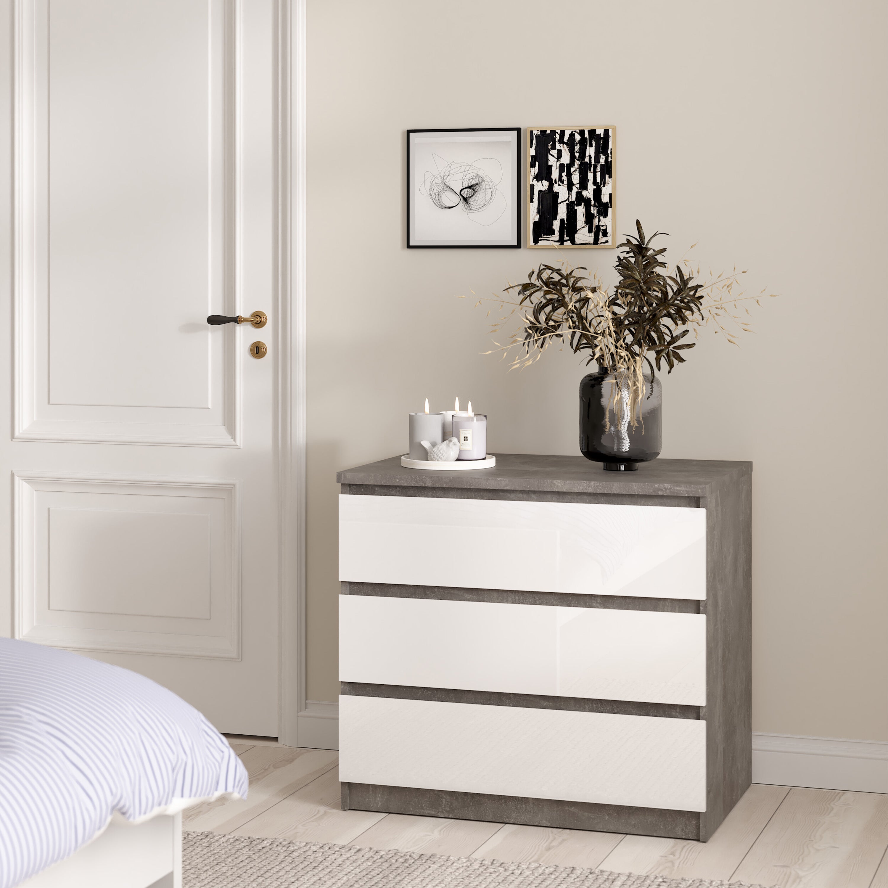 Naia Chest of 3 Drawers in Concrete and White High Gloss – FTG, view 5