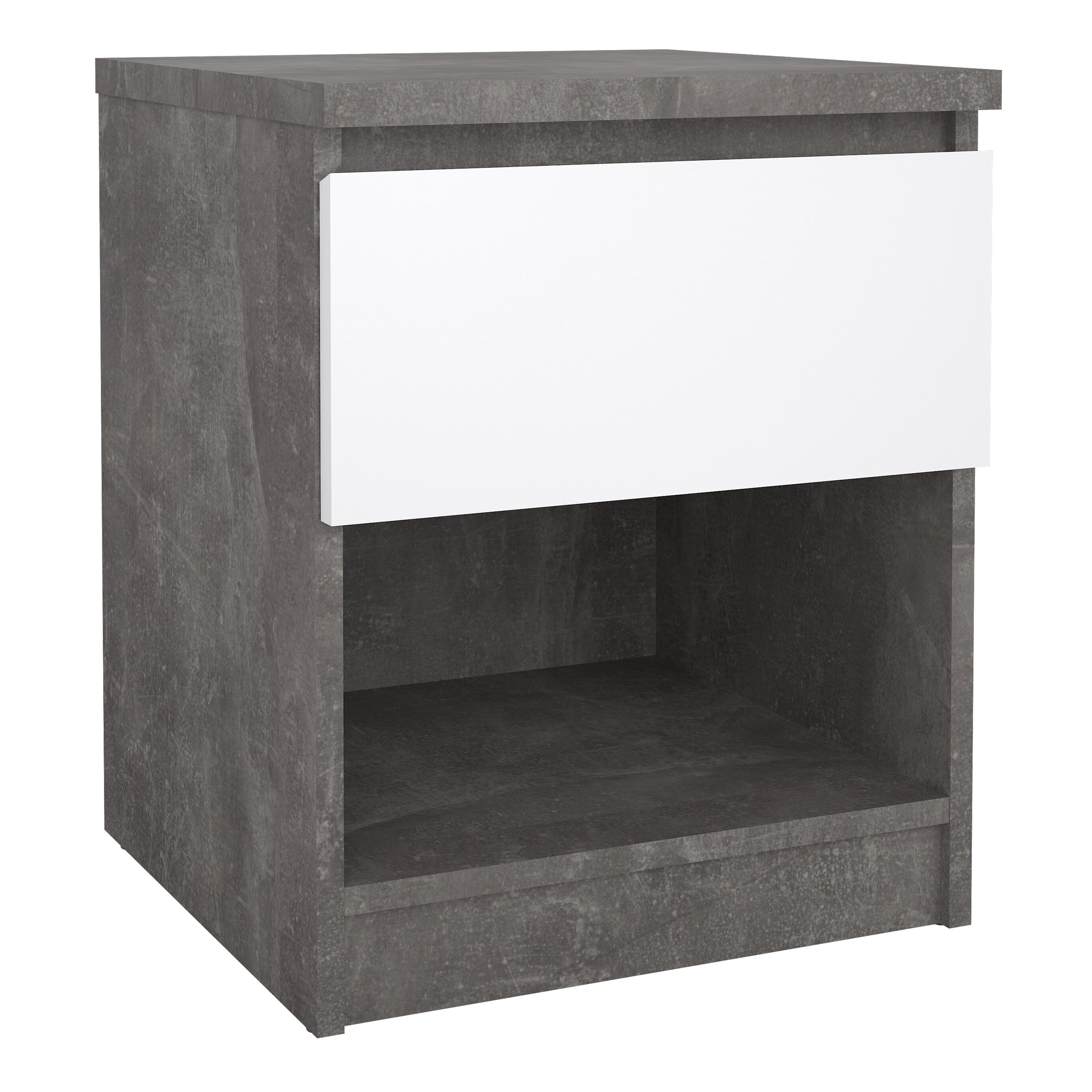 Naia Bedside 1 Drawer 1 Shelf in Concrete and White High Gloss – FTG