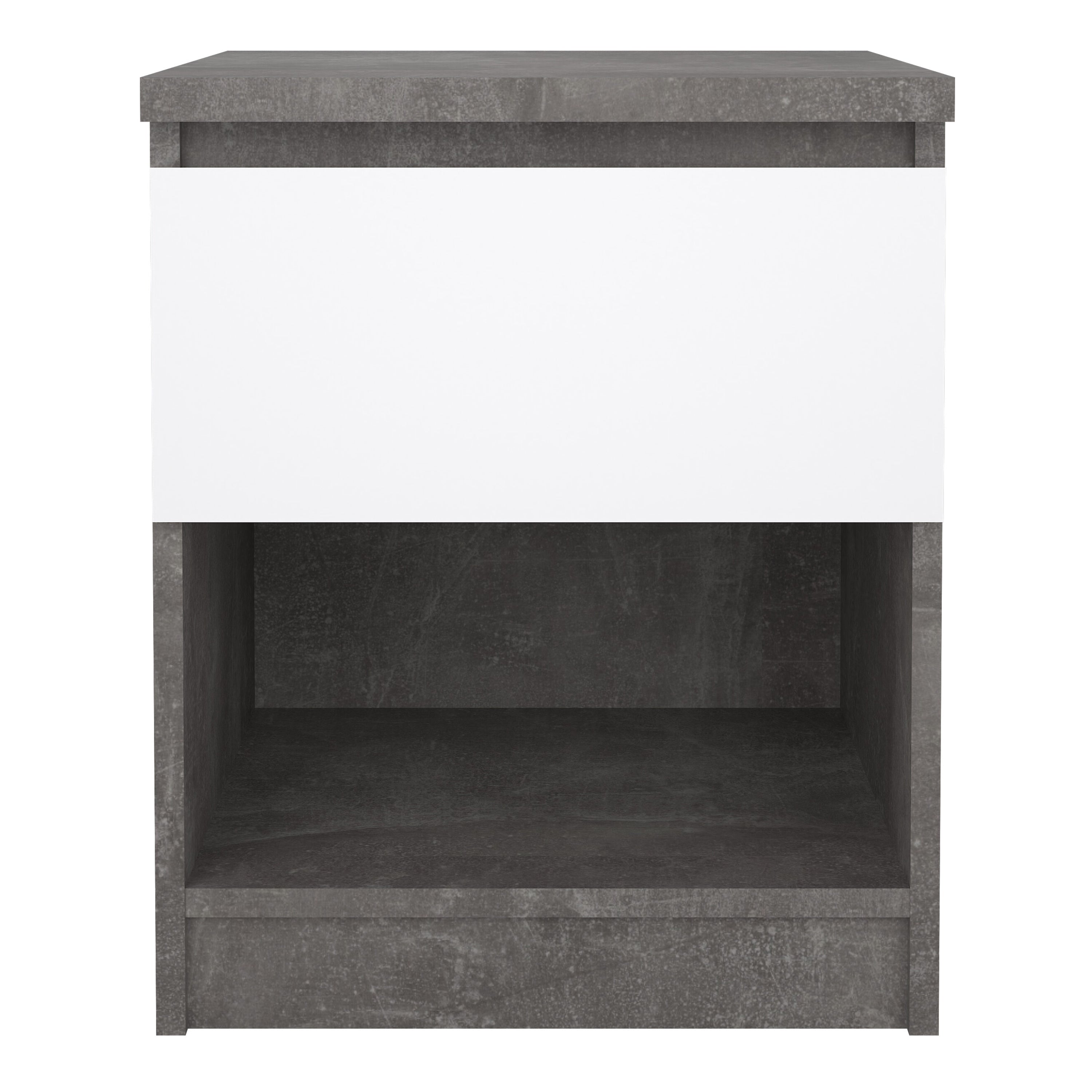 Naia Bedside 1 Drawer 1 Shelf in Concrete and White High Gloss – FTG, view 2