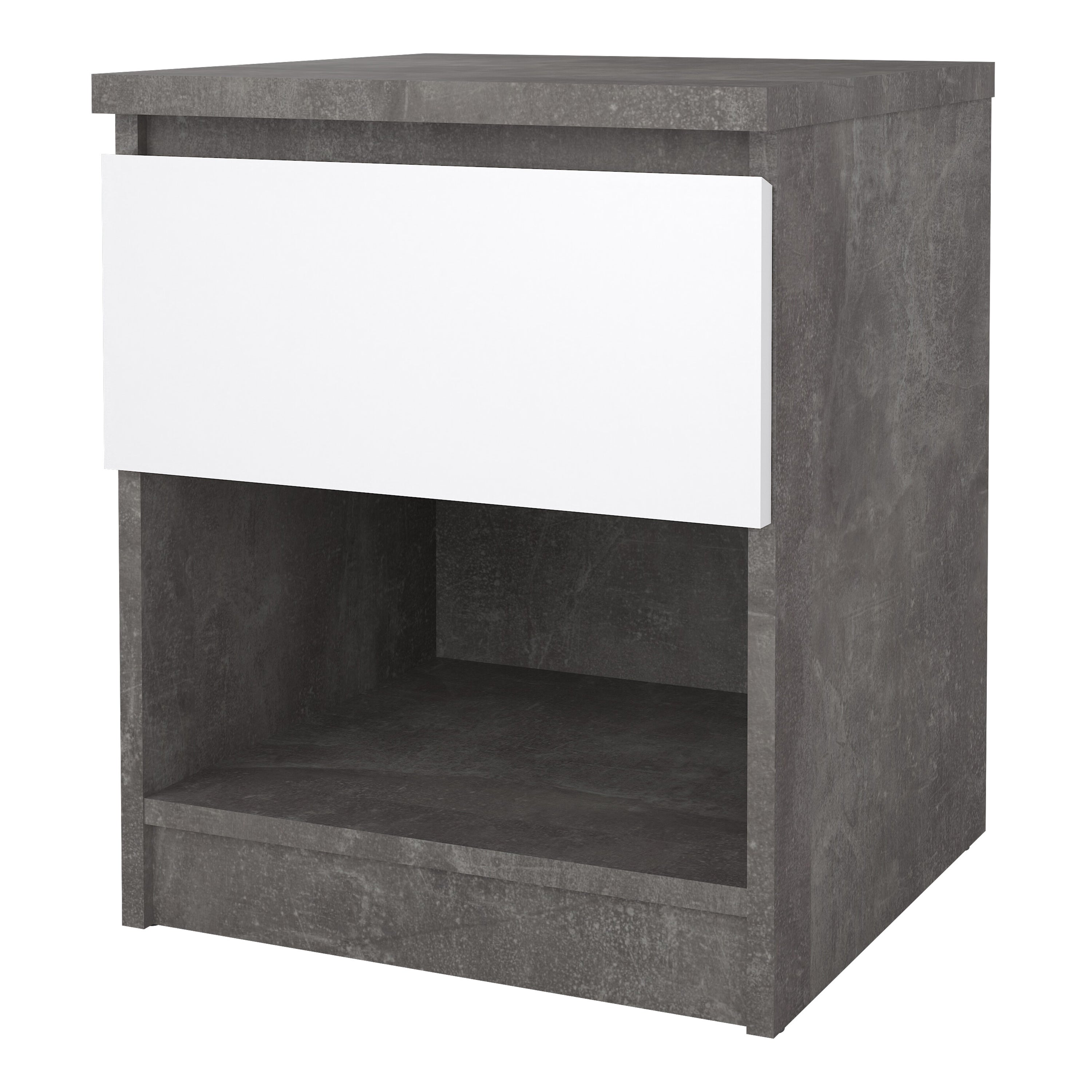 Naia Bedside 1 Drawer 1 Shelf in Concrete and White High Gloss – FTG, view 3