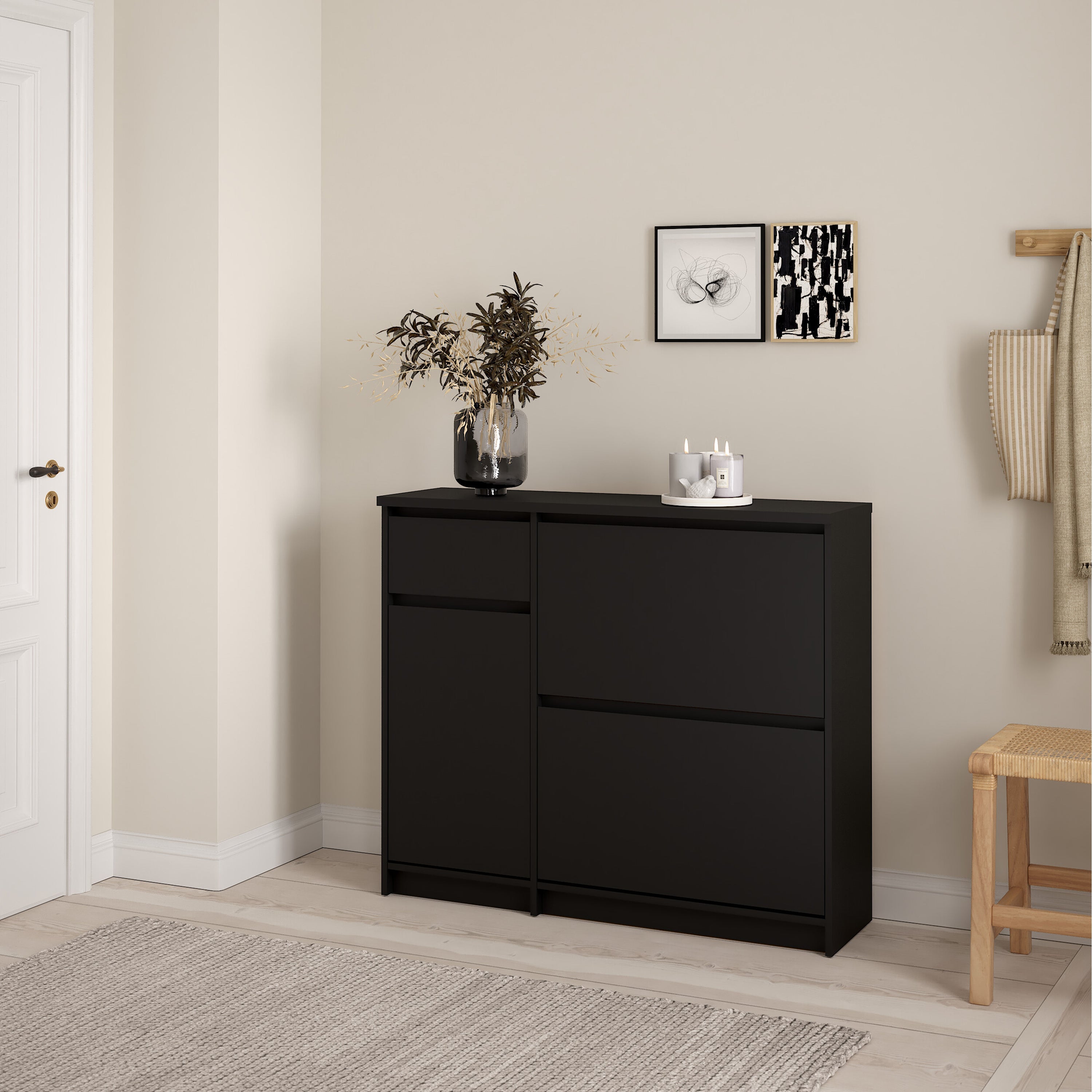 Naia Shoe Cabinet with 2 Flip Down Doors 1 Door and 1 Drawer in Black Matt – FTG, view 7