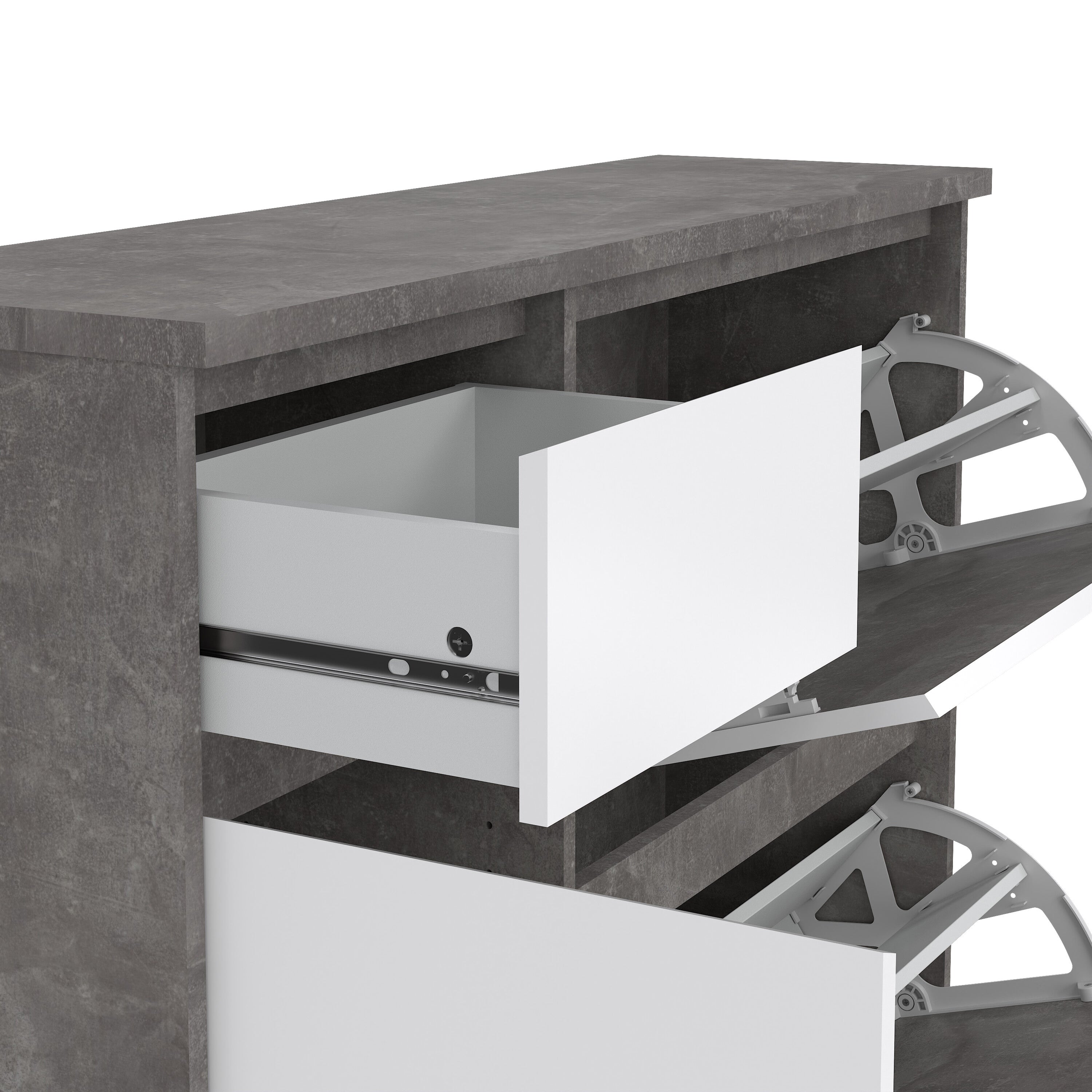 Naia Shoe Cabinet with 2 Flip Down Doors 1 Door and 1 Drawer in Concrete and White High Gloss – FTG, view 9