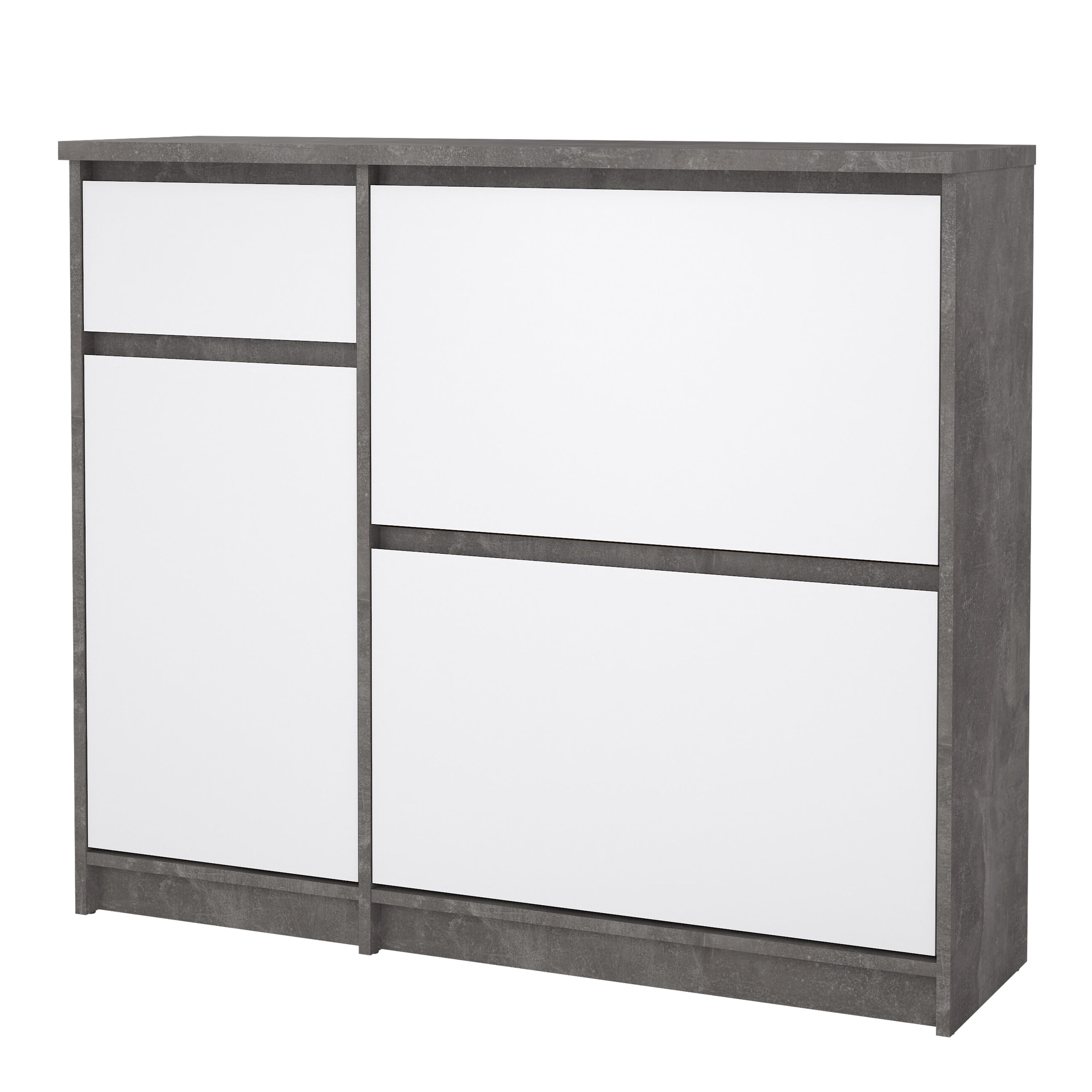 Naia Shoe Cabinet with 2 Flip Down Doors 1 Door and 1 Drawer in Concrete and White High Gloss – FTG, view 2
