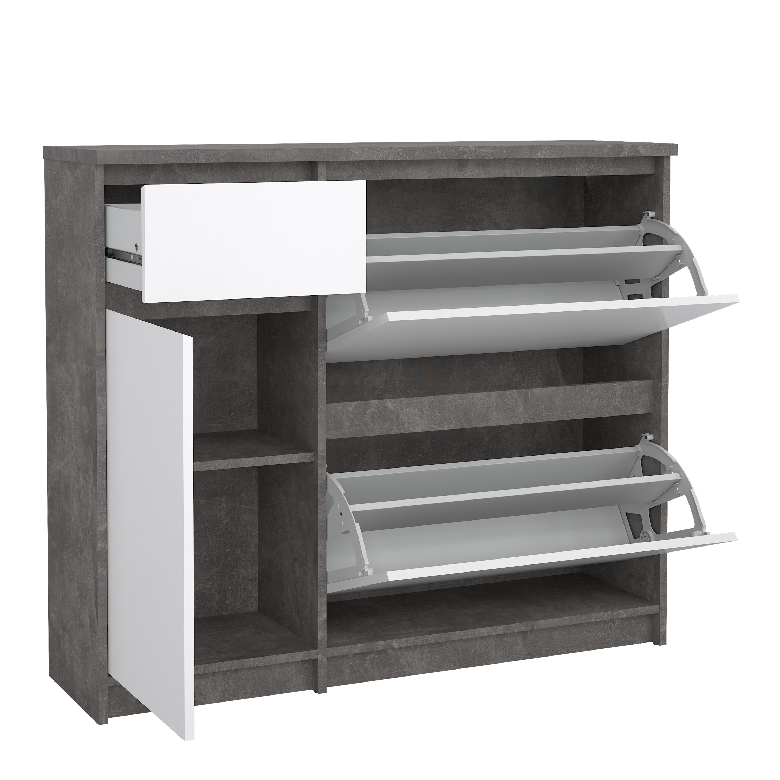 Naia Shoe Cabinet with 2 Flip Down Doors 1 Door and 1 Drawer in Concrete and White High Gloss – FTG, view 4