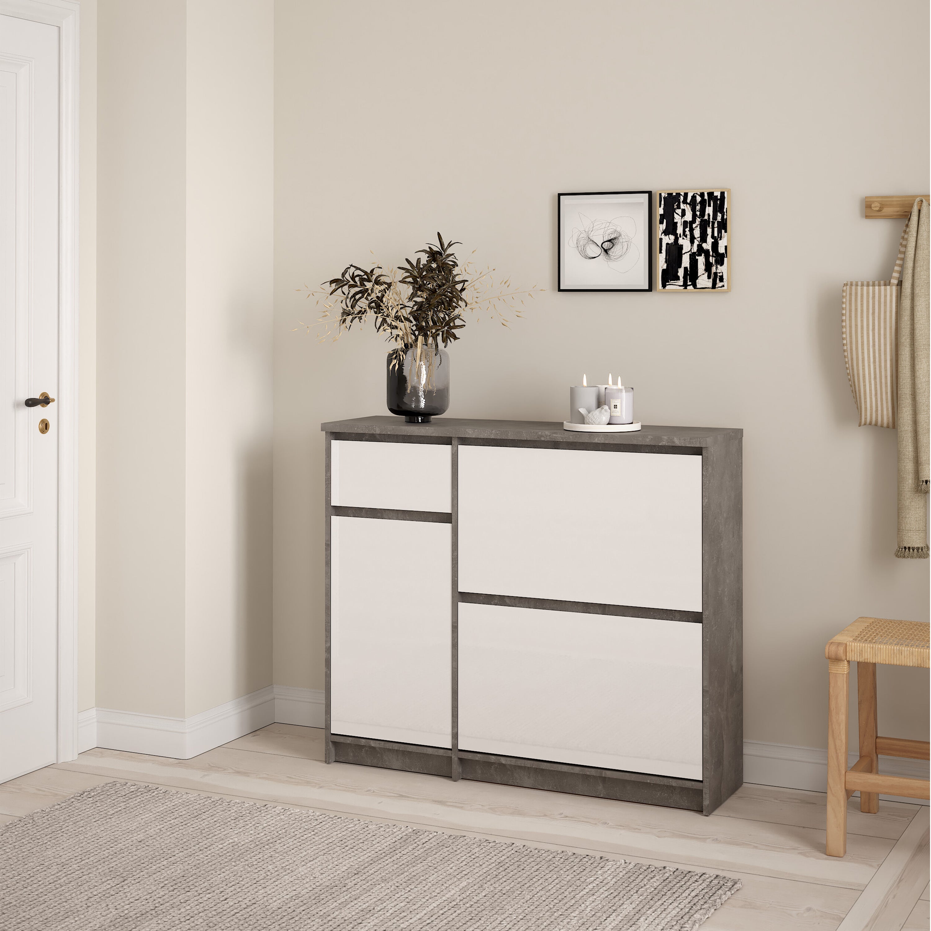 Naia Shoe Cabinet with 2 Flip Down Doors 1 Door and 1 Drawer in Concrete and White High Gloss – FTG, view 5