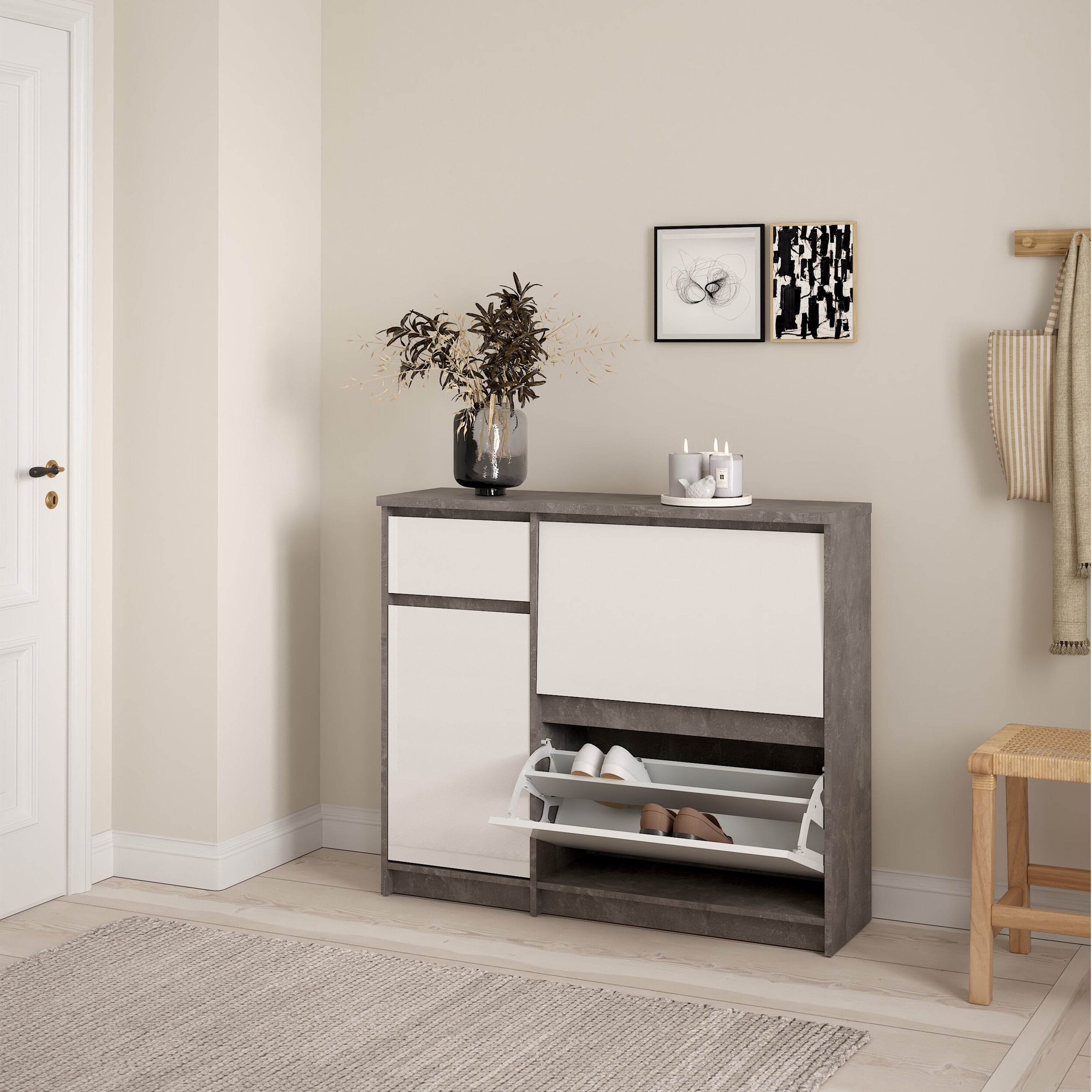 Naia Shoe Cabinet with 2 Flip Down Doors 1 Door and 1 Drawer in Concrete and White High Gloss – FTG, view 6