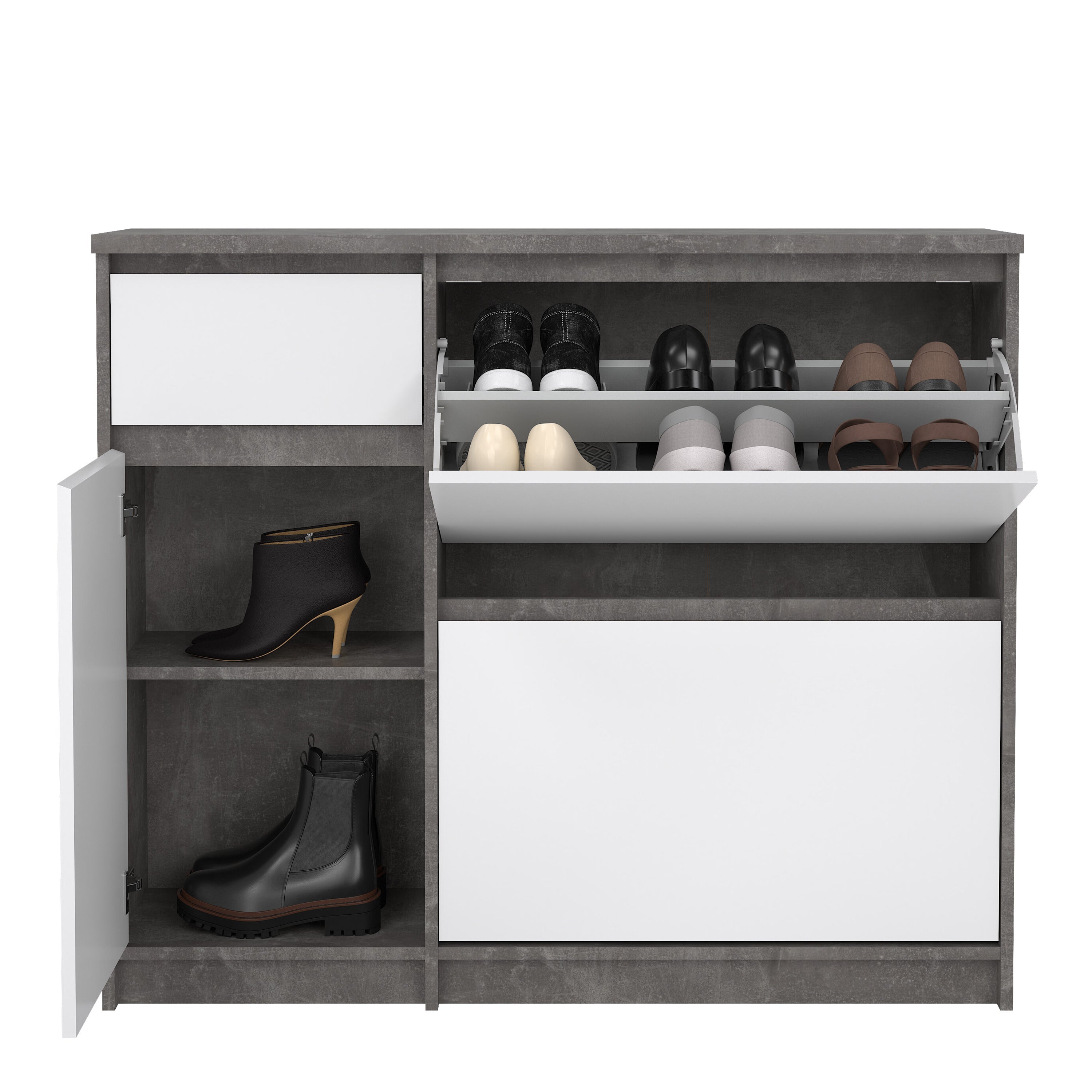Naia Shoe Cabinet with 2 Flip Down Doors 1 Door and 1 Drawer in Concrete and White High Gloss – FTG, view 7