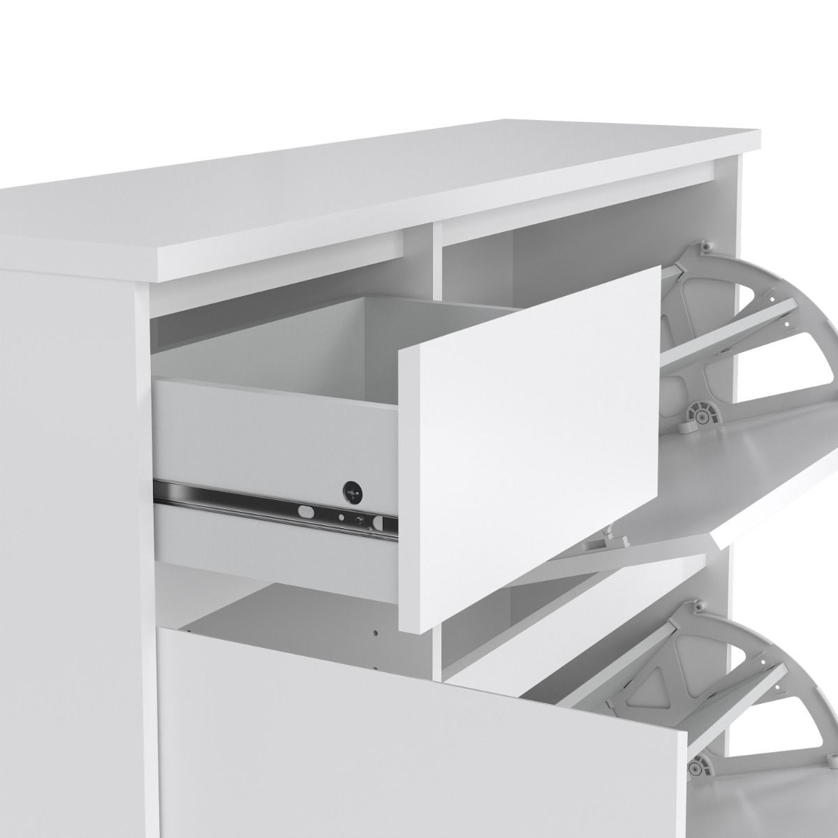 Naia Shoe Cabinet with 2 Flip Down Doors 1 Door and 1 Drawer in White High Gloss – FTG, view 10