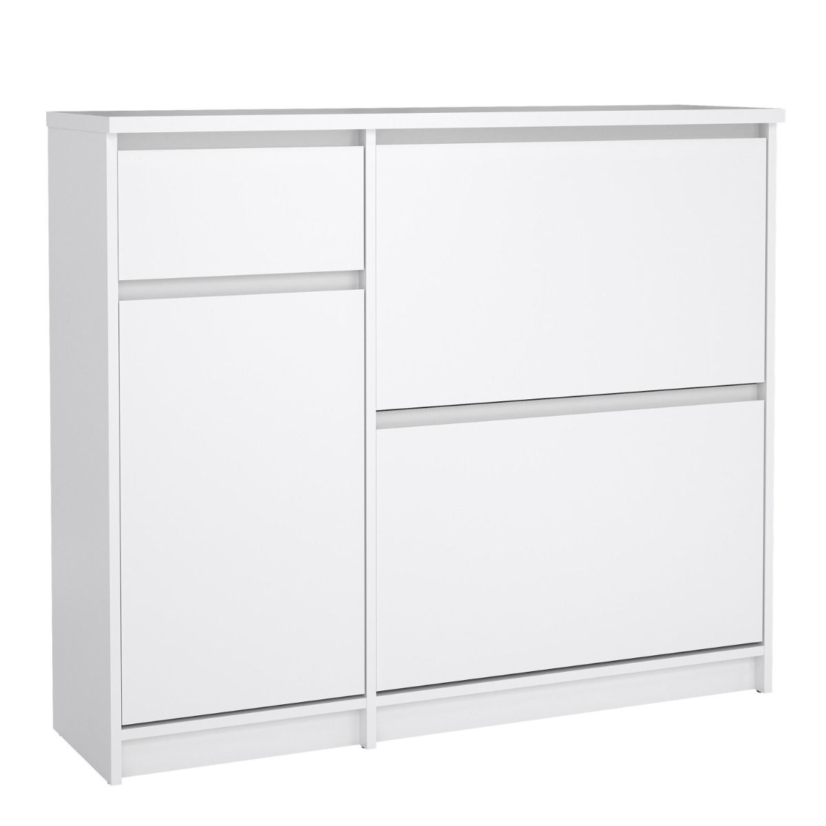 Naia Shoe Cabinet with 2 Flip Down Doors 1 Door and 1 Drawer in White High Gloss – FTG