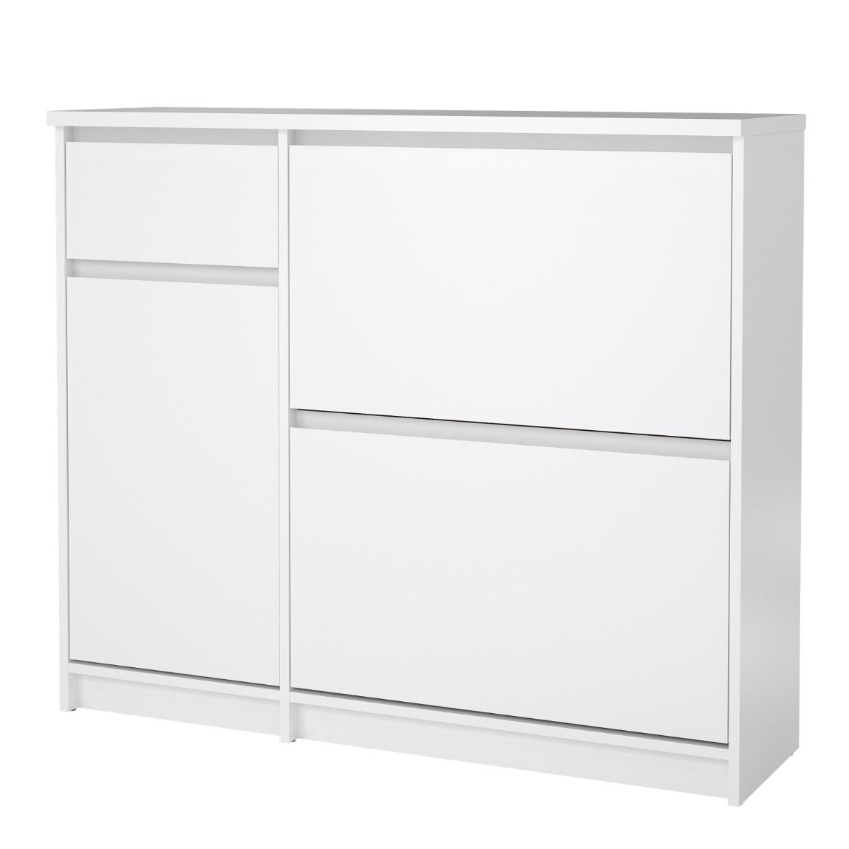 Naia Shoe Cabinet with 2 Flip Down Doors 1 Door and 1 Drawer in White High Gloss – FTG, view 3