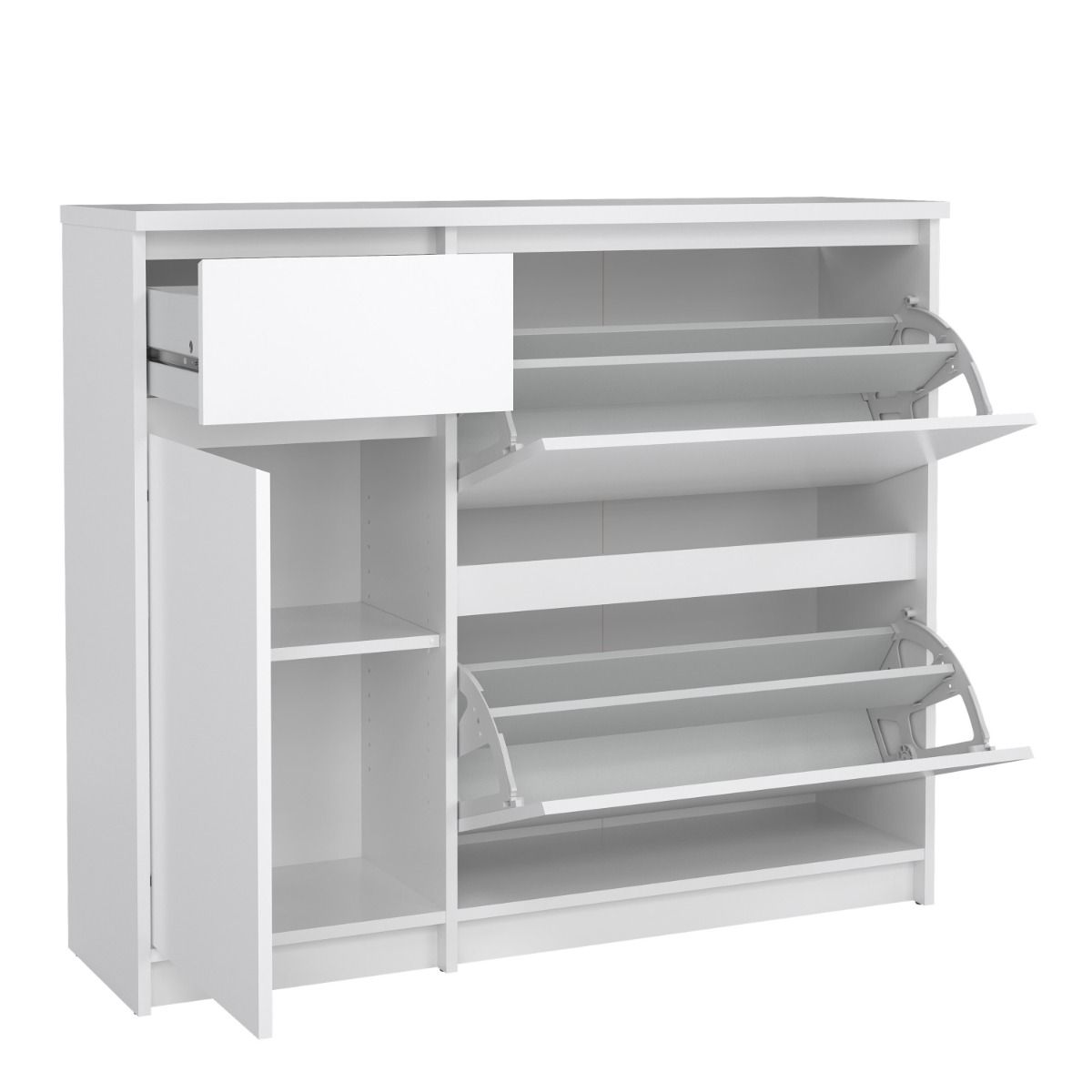 Naia Shoe Cabinet with 2 Flip Down Doors 1 Door and 1 Drawer in White High Gloss – FTG, view 5