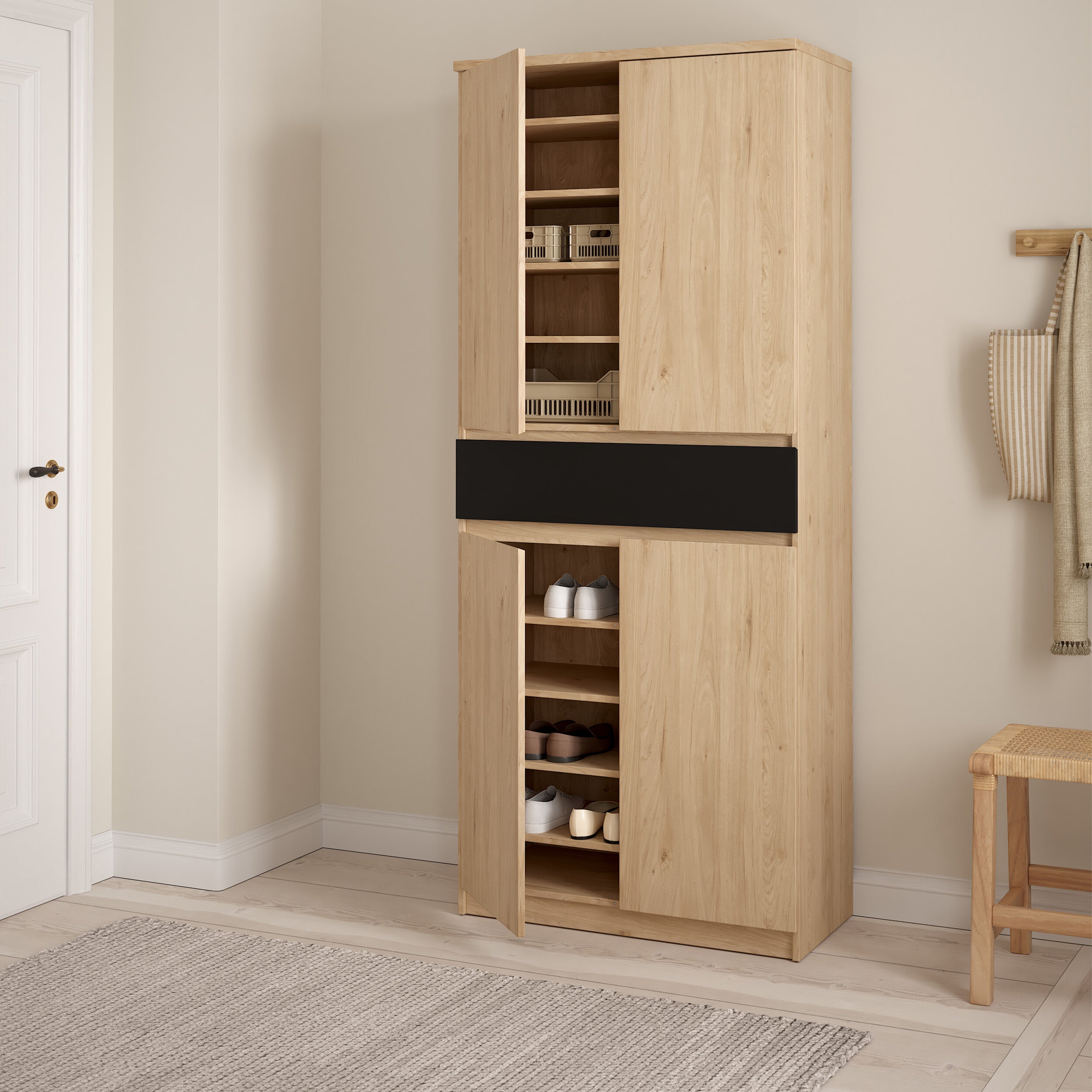 Naia Shoe Cabinet with 4 Doors 1 Drawer in Jackson Hickory Oak and Black – FTG, view 8