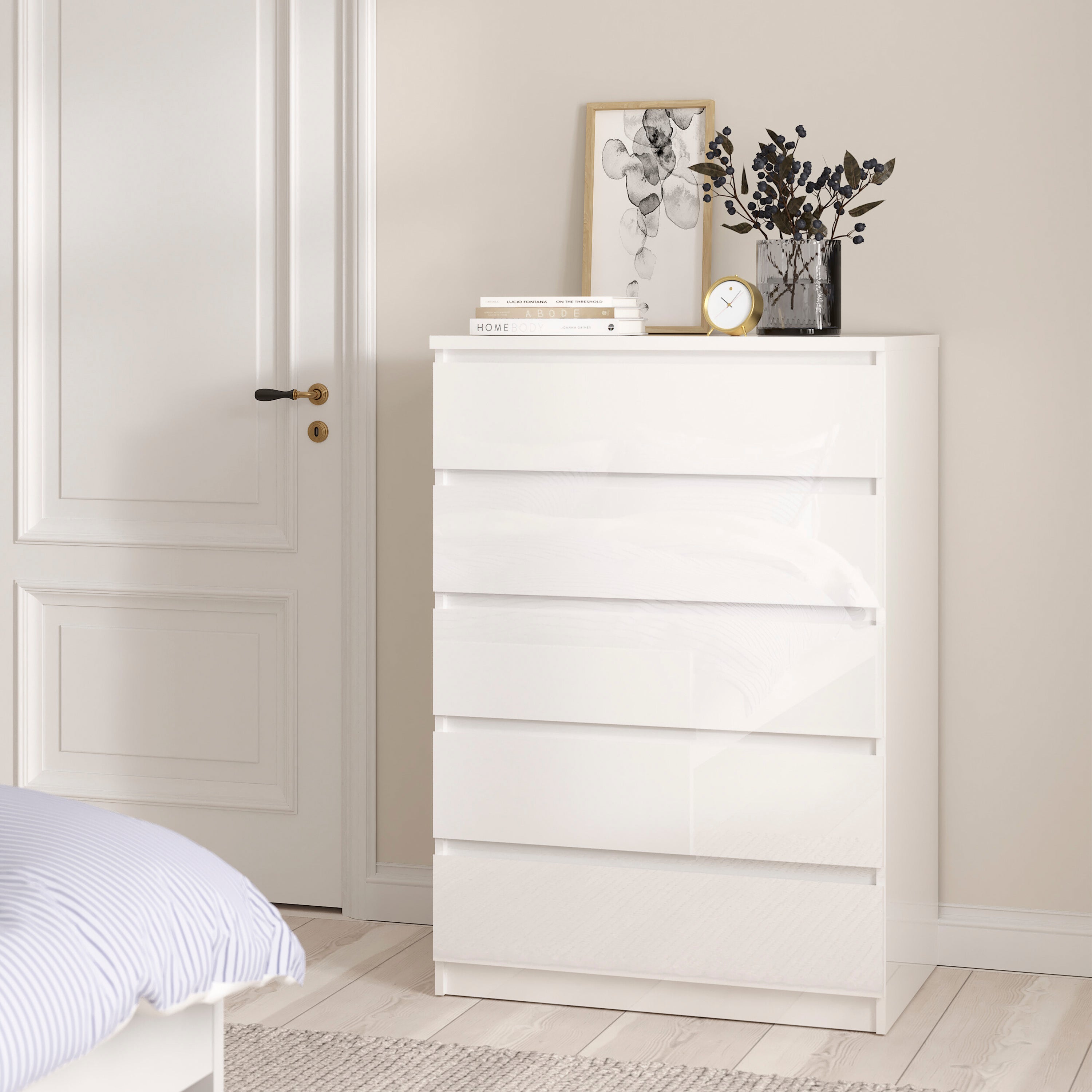 Naia Package - Bedside 3 Drawers + Chest of 5 Drawers + Wardrobe with 2 Doors + 1 Drawer in White High Gloss – FTG, view 7