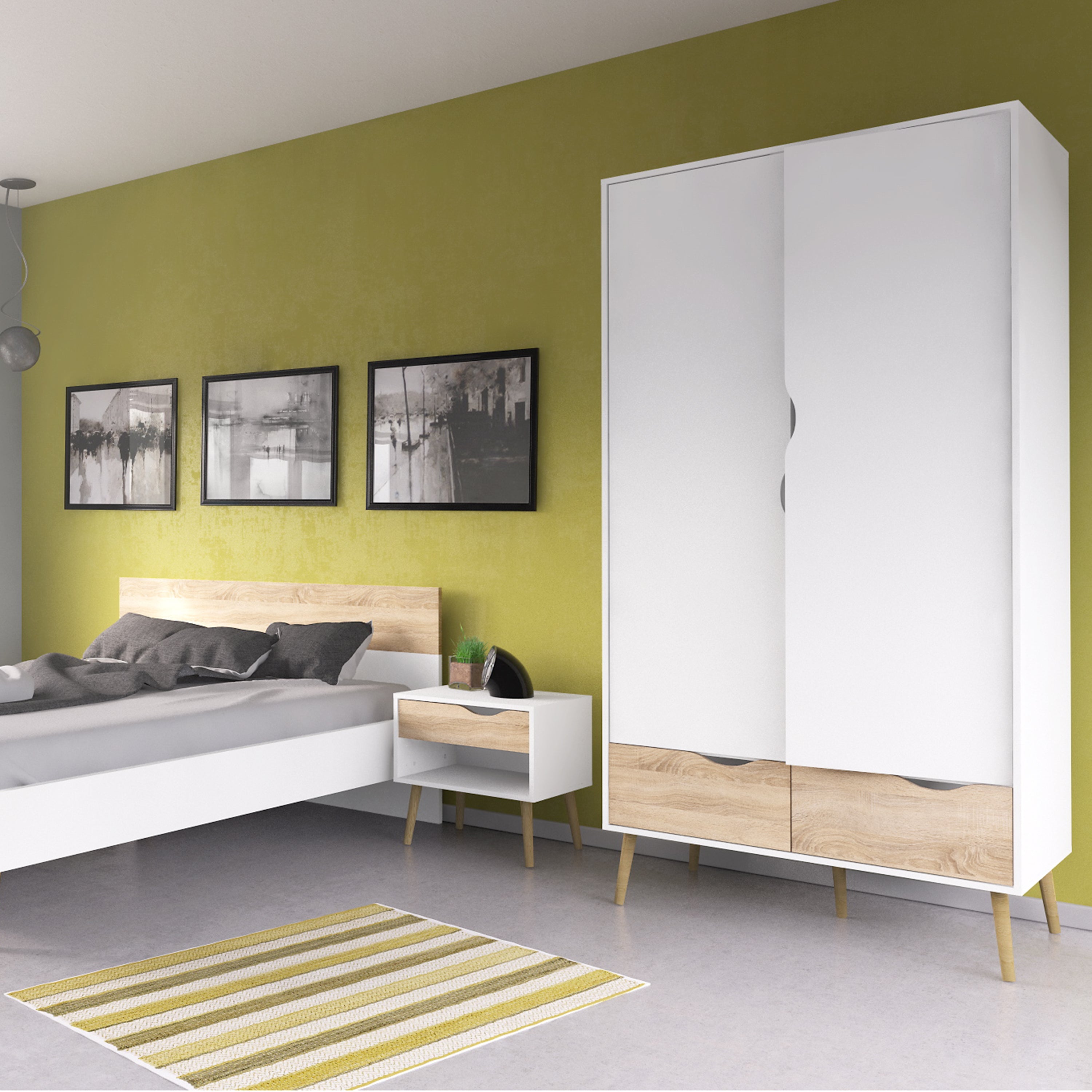 Oslo Package - Bedside 1 Drawer + Chest of 5 Drawers (2+3) + Wardrobe 2 Doors 2 Drawers in White and Oak – FTG, view 10