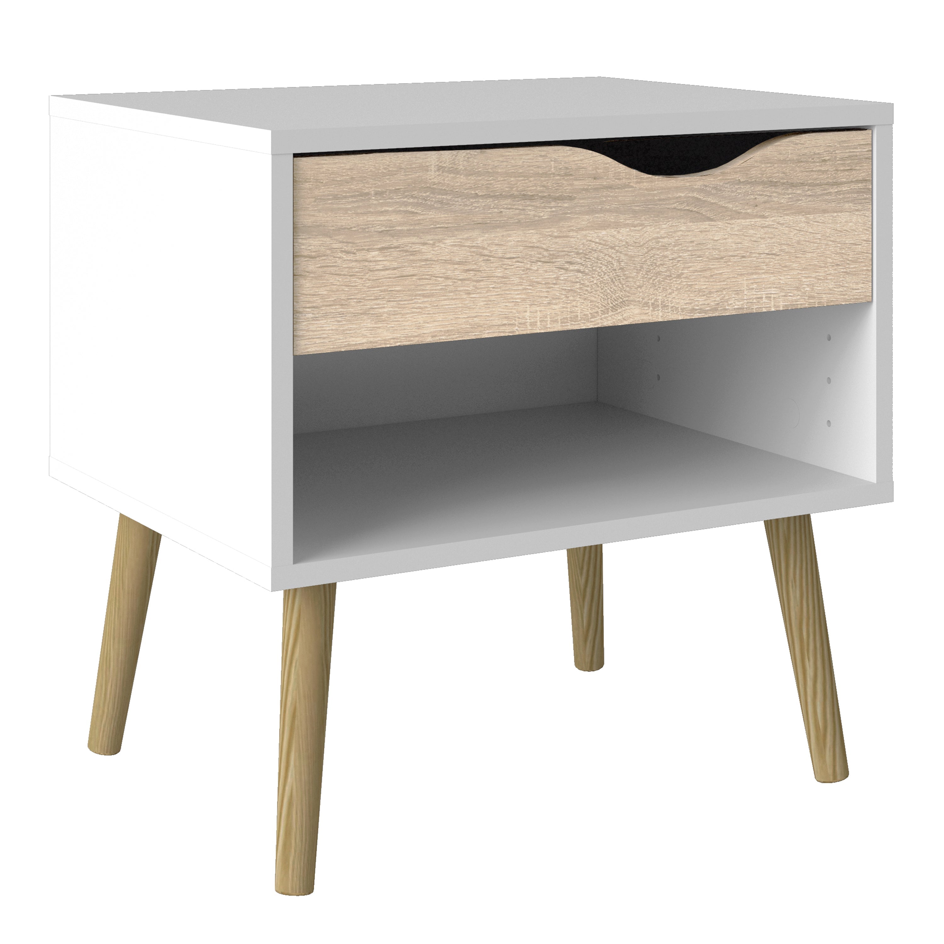 Oslo Package - Bedside 1 Drawer + Chest of 5 Drawers (2+3) + Wardrobe 2 Doors 2 Drawers in White and Oak – FTG, view 2