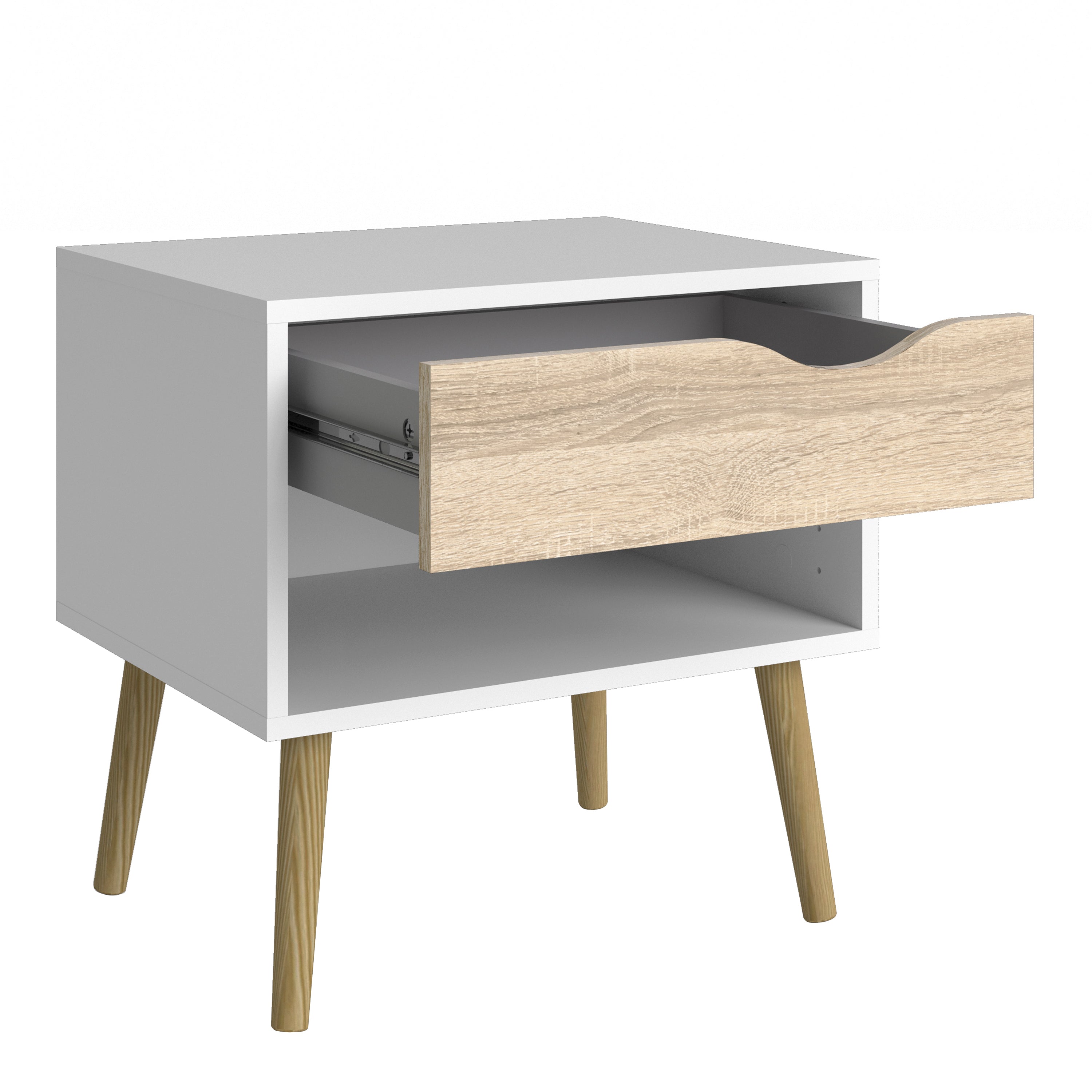 Oslo Package - Bedside 1 Drawer + Chest of 5 Drawers (2+3) + Wardrobe 3 Doors 3 Drawers in White and Oak – FTG, view 3