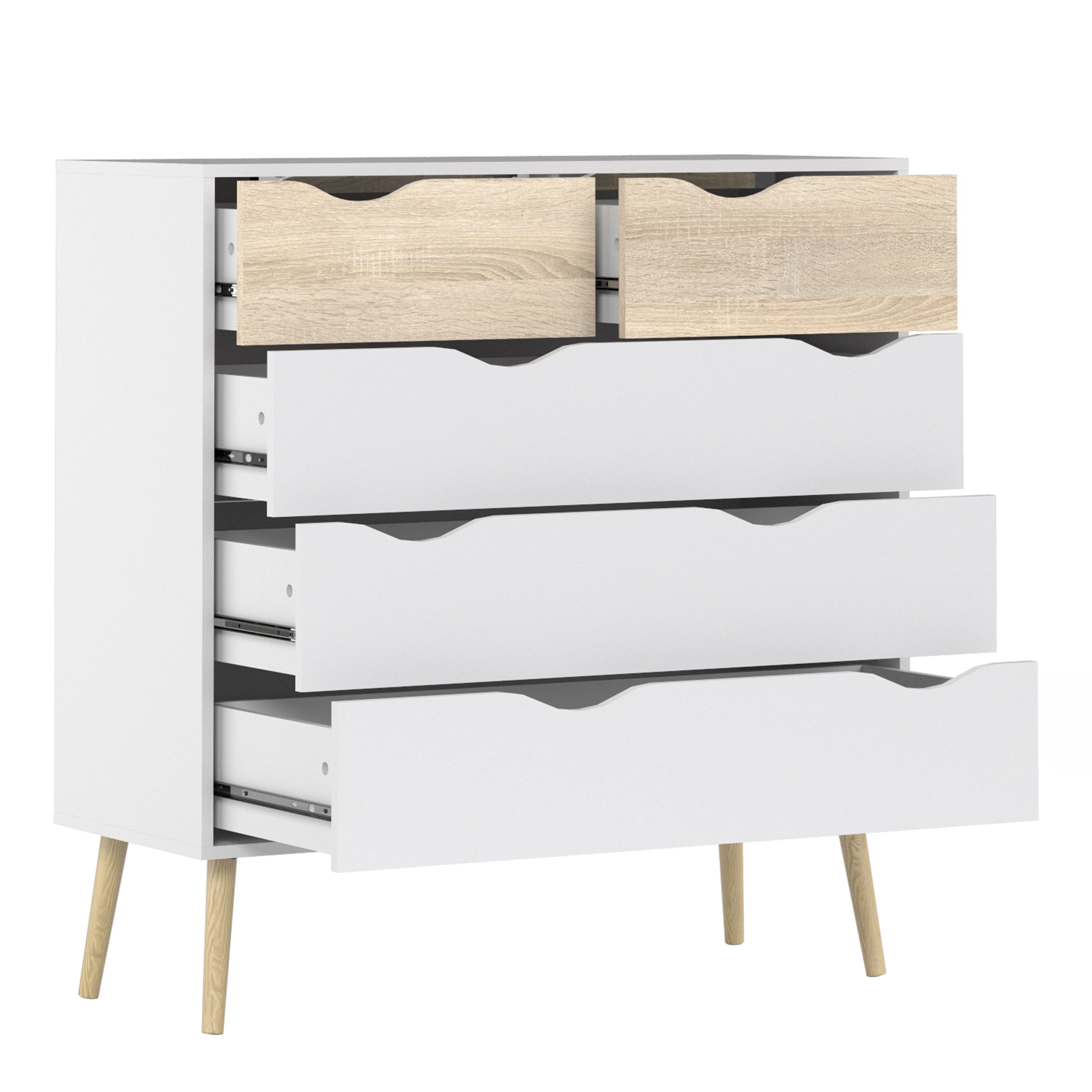 Oslo Package - Bedside 1 Drawer + Chest of 5 Drawers (2+3) + Wardrobe 3 Doors 3 Drawers in White and Oak – FTG, view 6